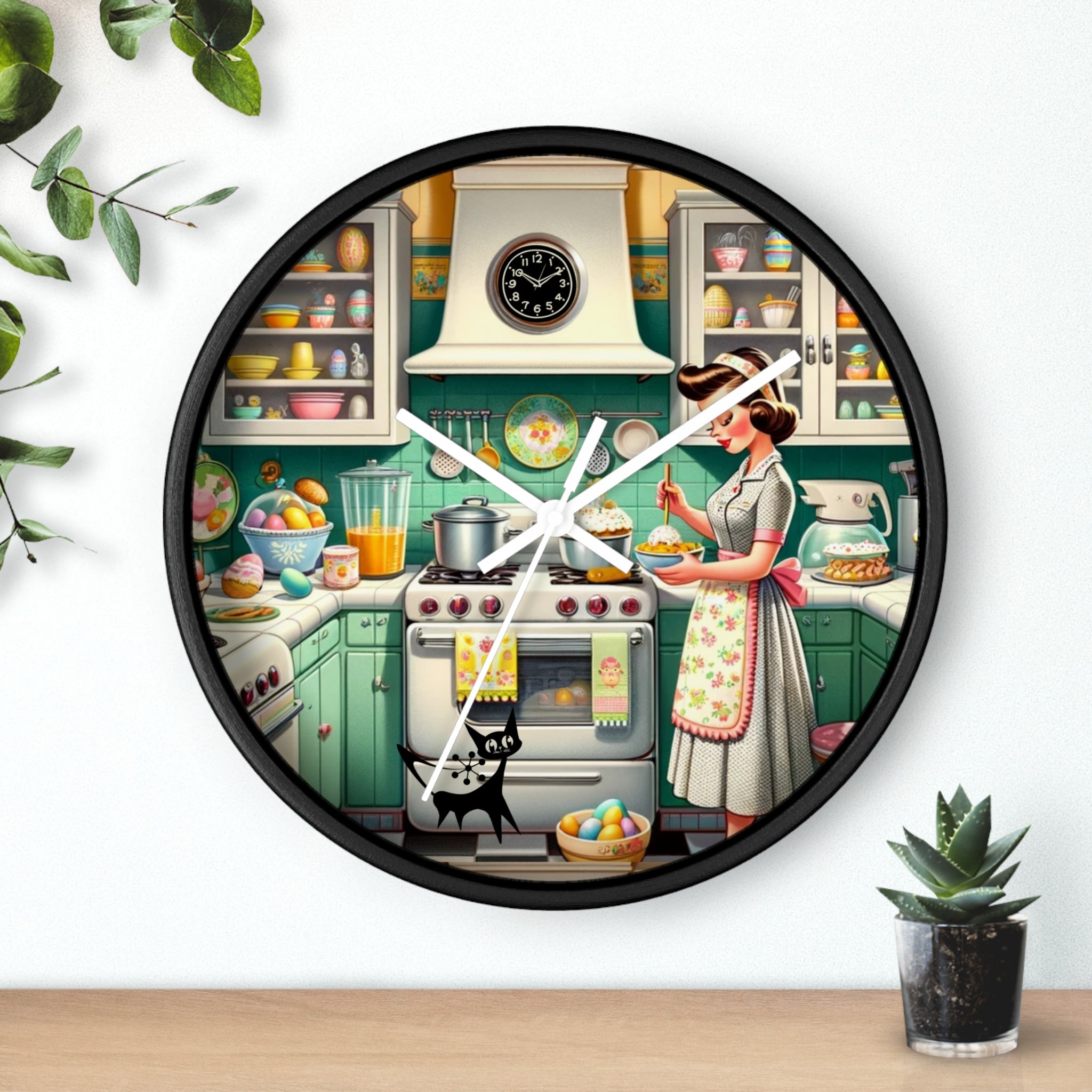 Vintage Kitschy Designed Mid Mod Gal Atomic Cat, Spring Wall Clock with Retro Cooking Design - Mid Century Modern Gal