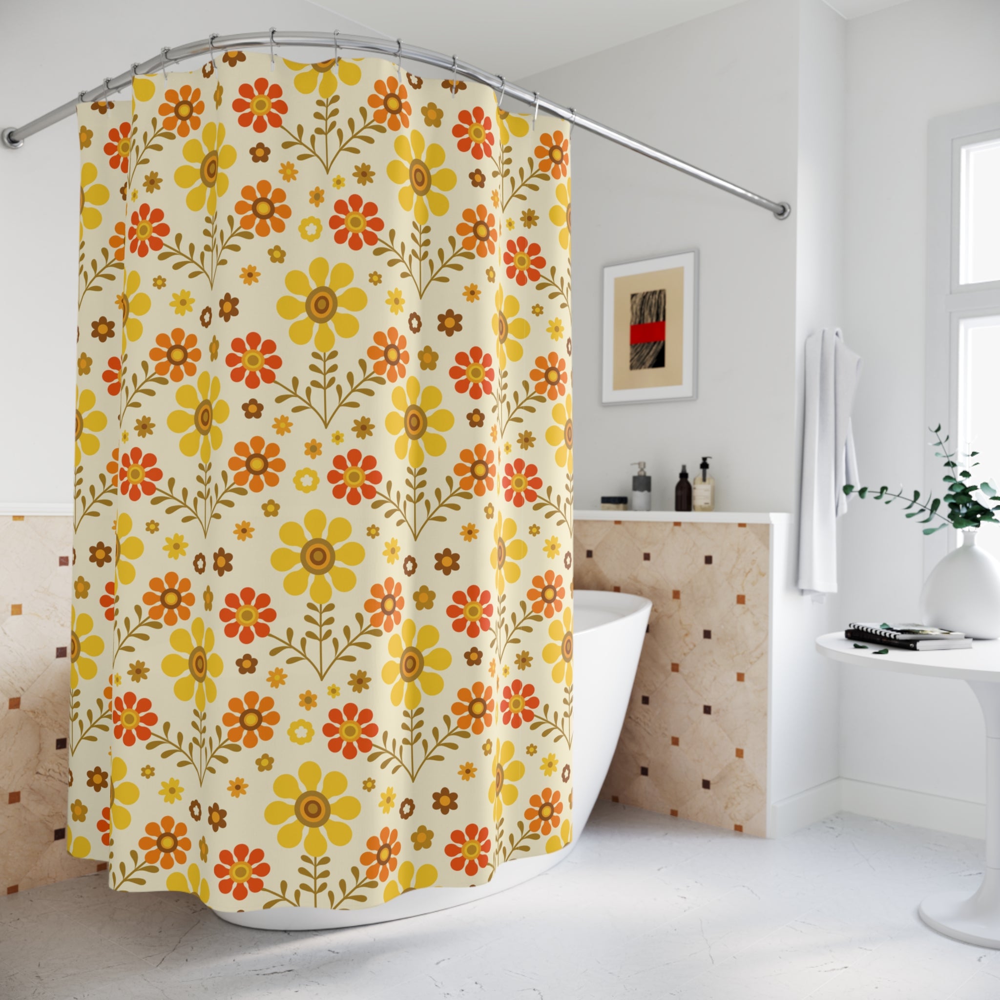 1970s Groovy Flower Power Golden Yellow, Orange Pop Of Funky Fun Shower Curtain - Mid Century Modern Gal