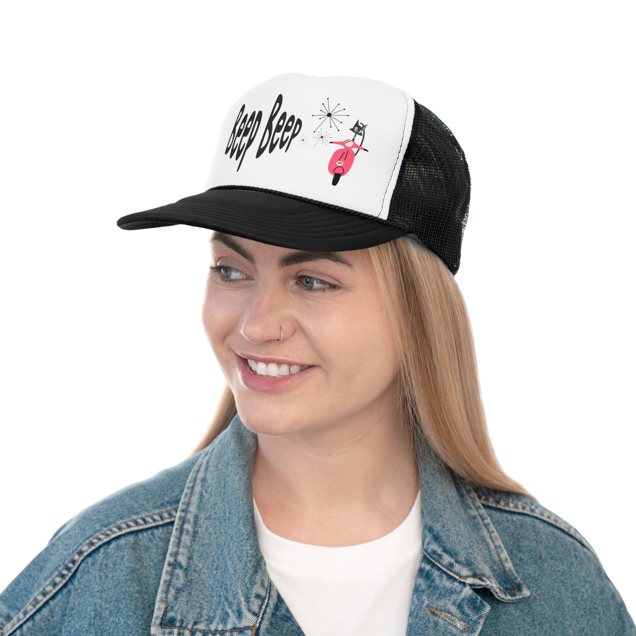 Atomic Cat Funny Beep Beep, Retro Summer Lightweight Trucker Caps, Kitschy Fun Atomic Gift - Mid Century Modern Gal