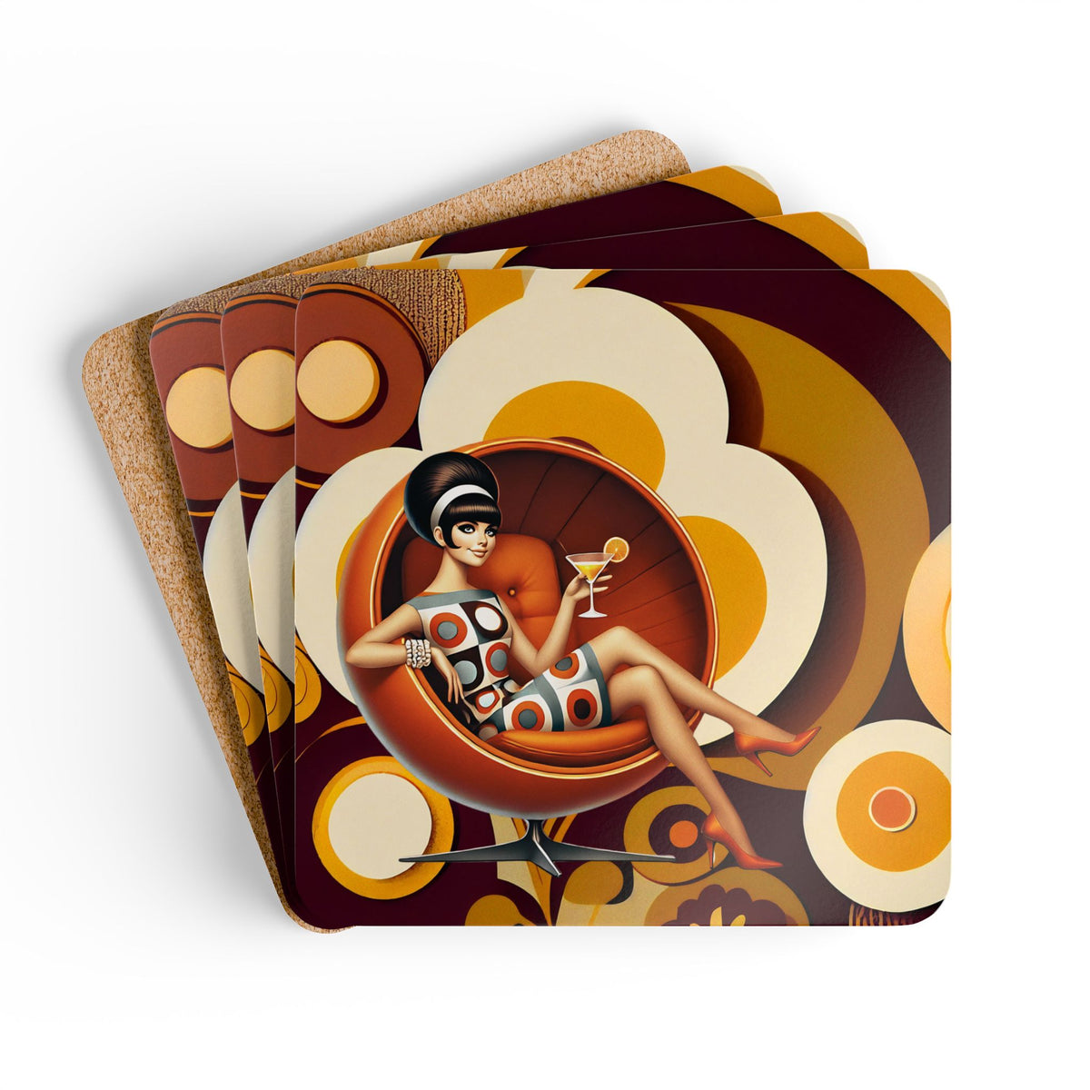 Groovy Mod 60s Gal, Flower Power Table Bar Coasters - Mid Century Modern Gal