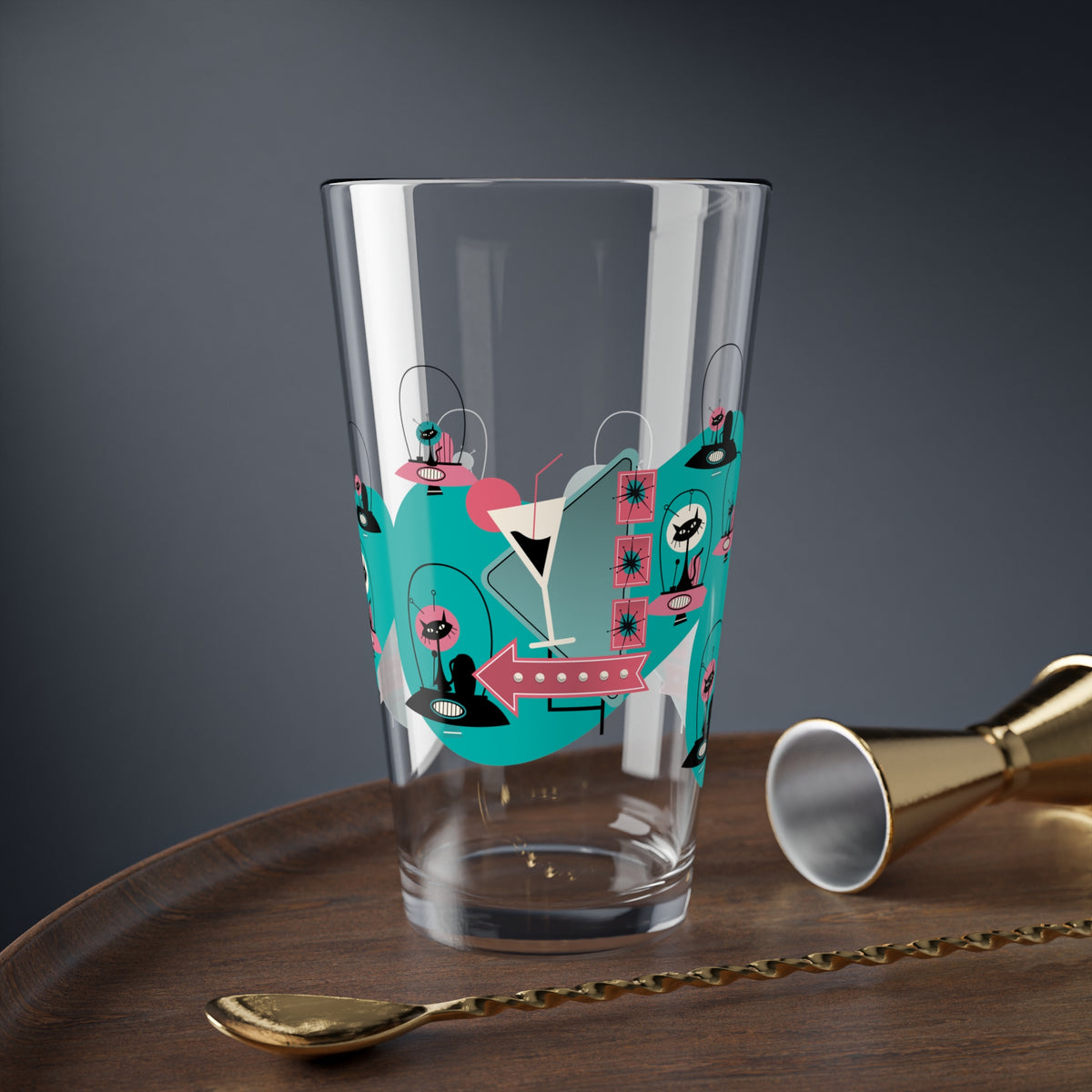 Atomic Cat Retro Barware, Space Kitties, Cats In Space, Mid Century Modern Atomic Living, MCM Drinkware Mixing Glass, 16oz - Mid Century Modern Gal