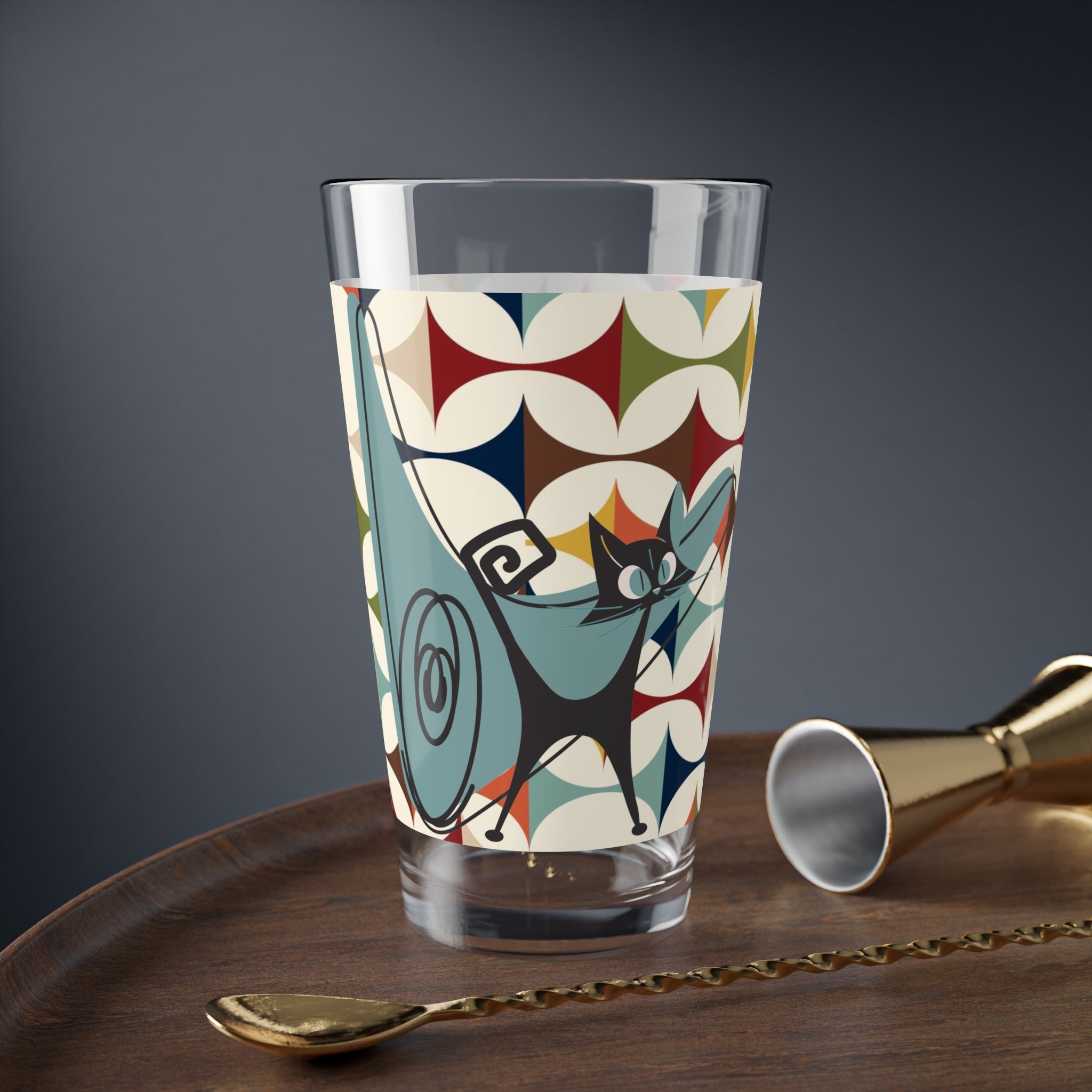 Atomic Cat Drinkware, Mid Century Modern Barware, Scandinavian Designed Geometric Drinking, Mixing Glass, 16oz - Mid Century Modern Gal