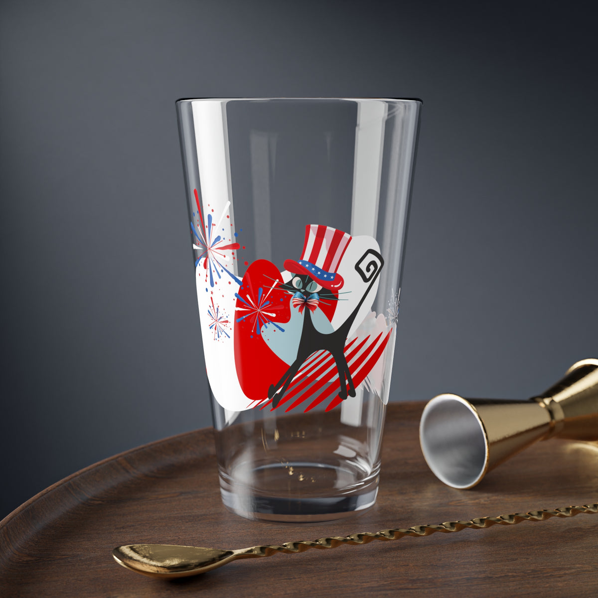 4th Of July Party Glasses, Aomic Kittie, Boomerang, Fireworks Kitschy Mod Atomic Cat Glassware - Mid Century Modern Gal