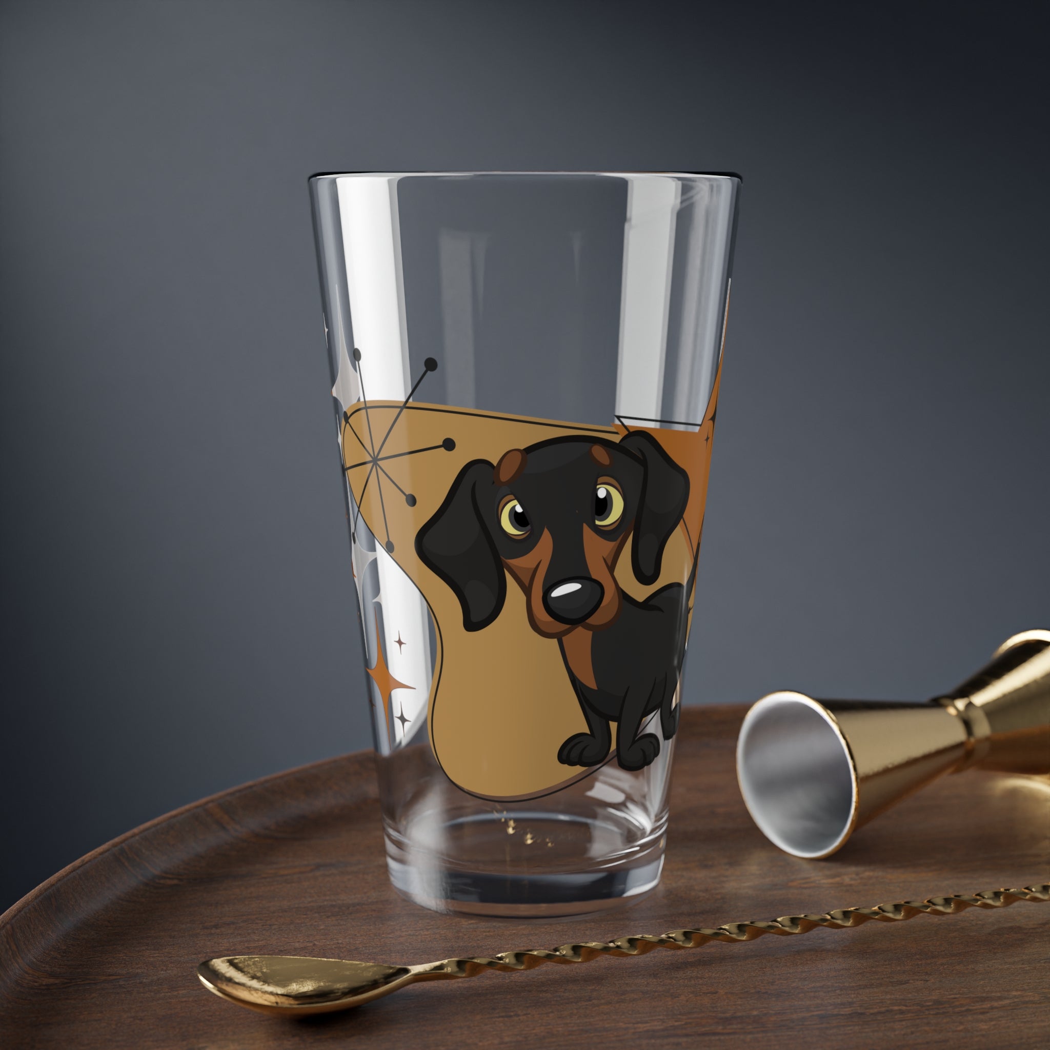 Mid Century Modern Barware, Doxie Dog, Weiner Dog, Hot Dog,Dachshund Dog Breed Lover Atomic Glassware - Mid Century Modern Gal