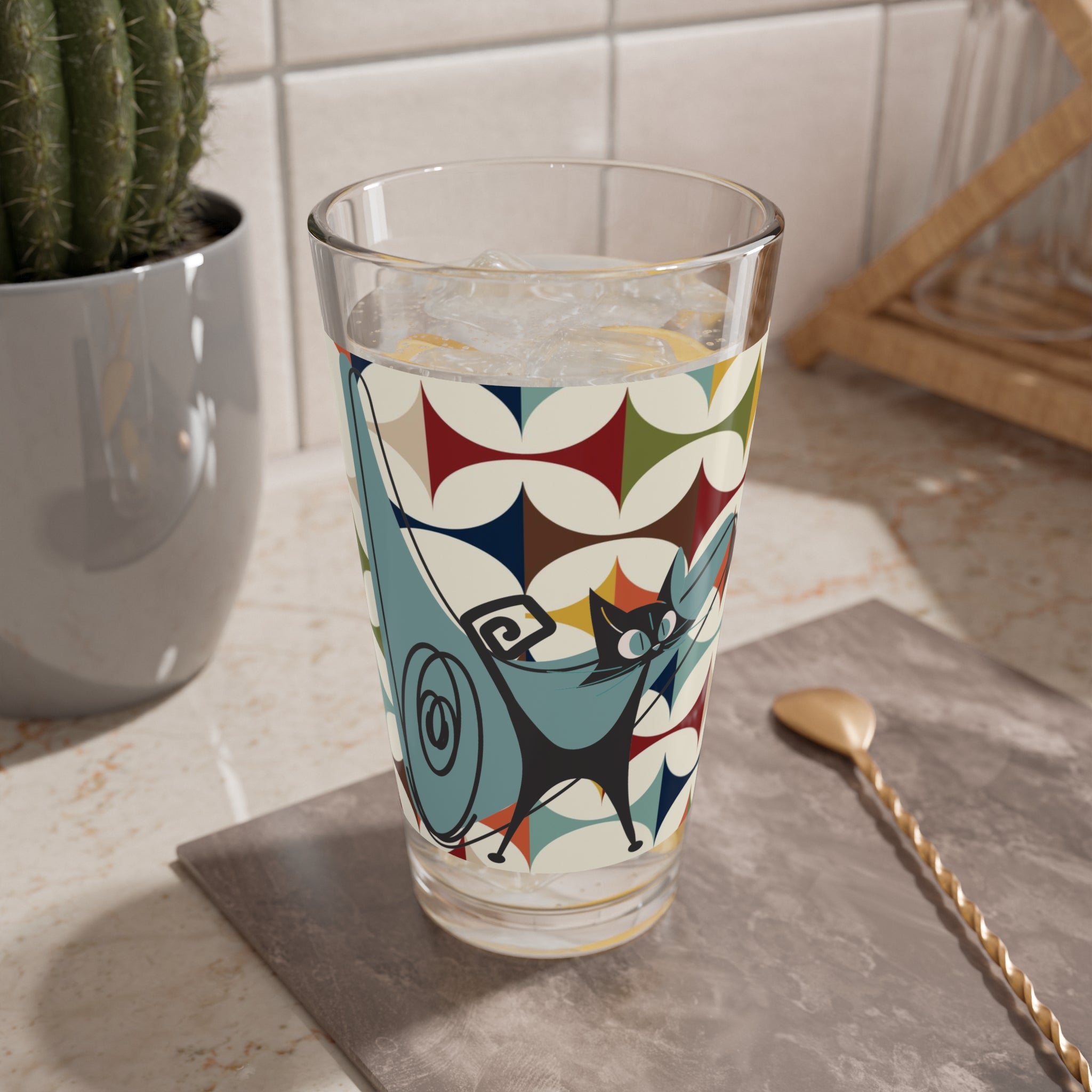 Atomic Cat Drinkware, Mid Century Modern Barware, Scandinavian Designed Geometric Drinking, Mixing Glass, 16oz - Mid Century Modern Gal