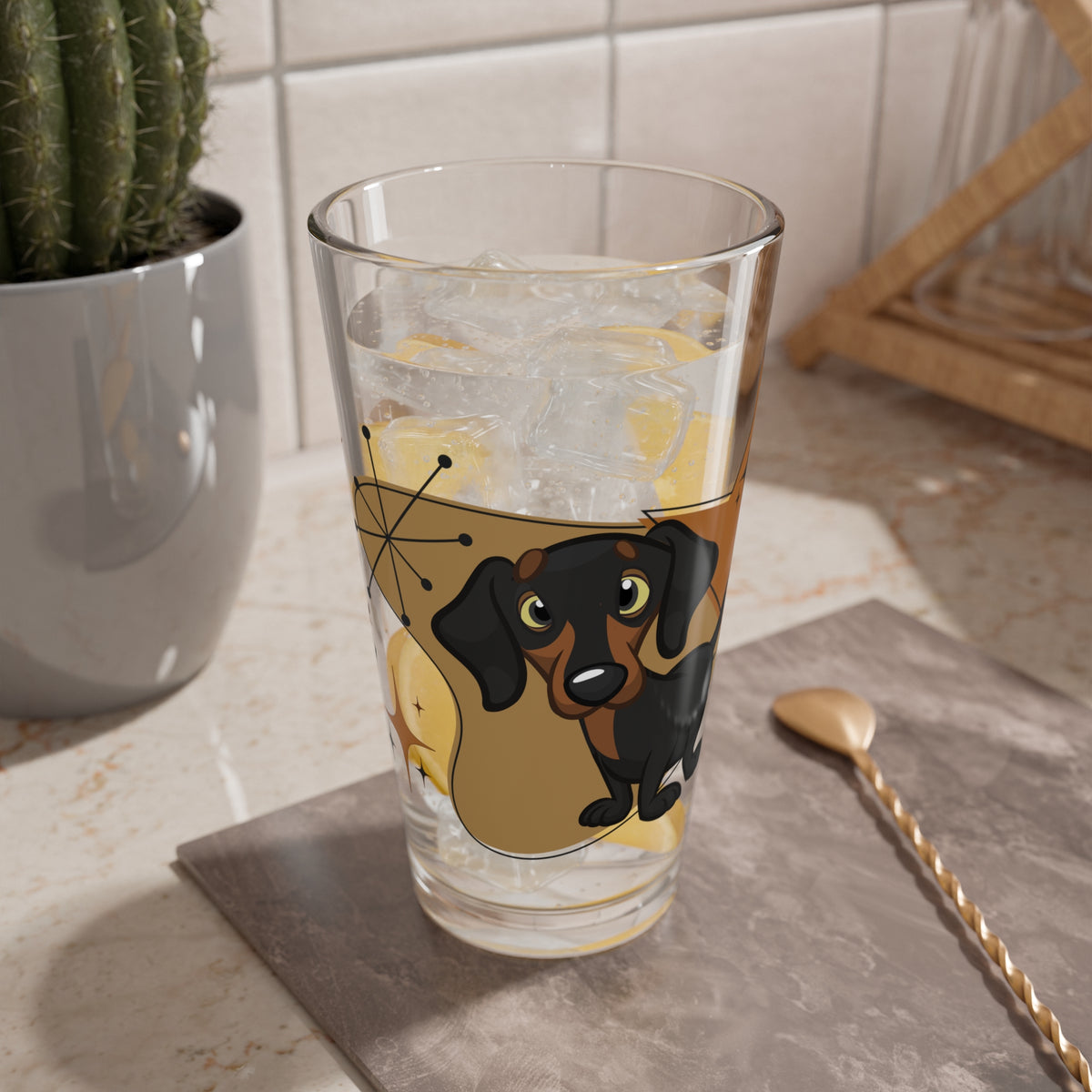 Mid Century Modern Barware, Doxie Dog, Weiner Dog, Hot Dog,Dachshund Dog Breed Lover Atomic Glassware - Mid Century Modern Gal