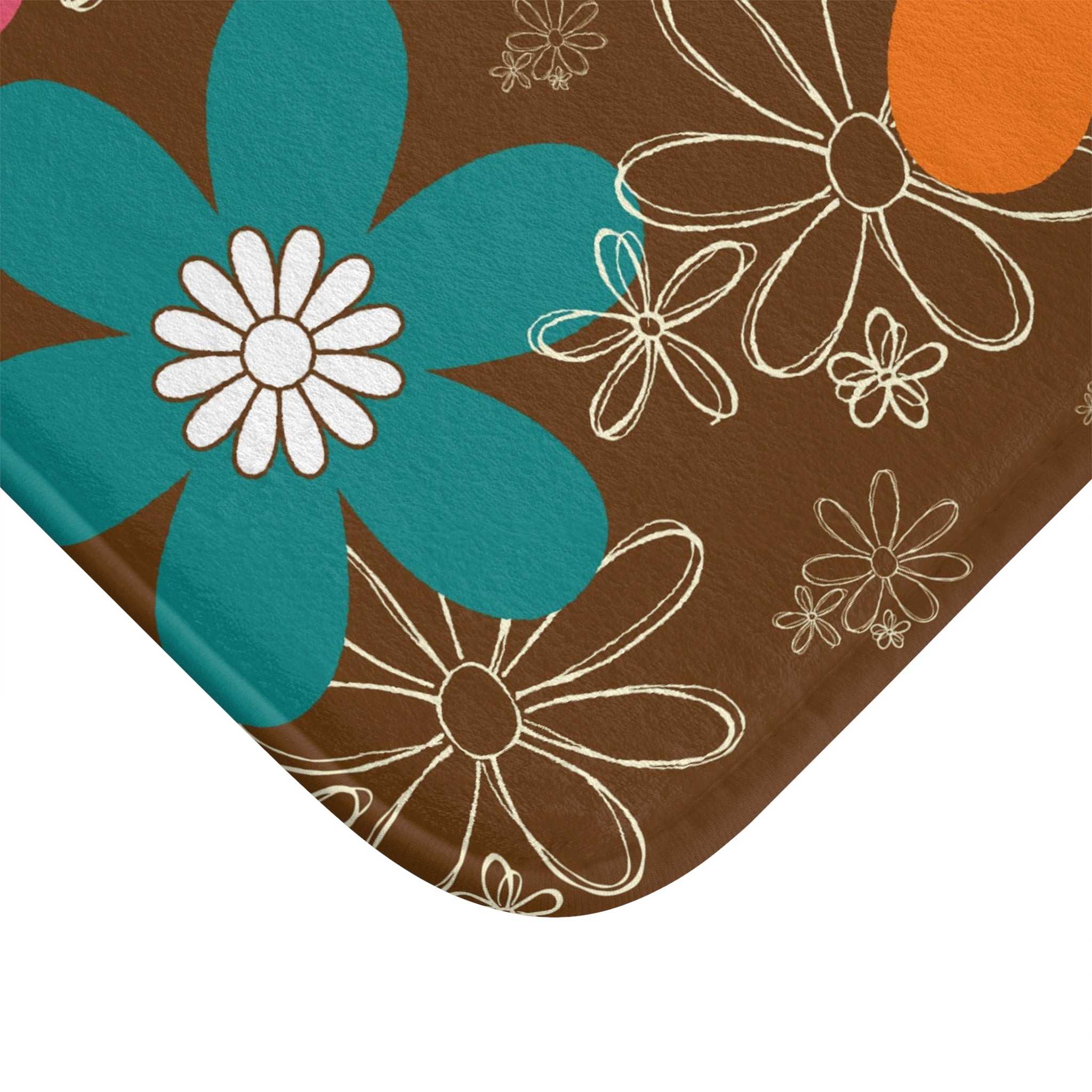 Retro 70s Flower Power Brown Orange Teal, Boho Floral Bath Mat - Vibrant Home Décor for Relaxing Spaces - Mid Century Modern Gal