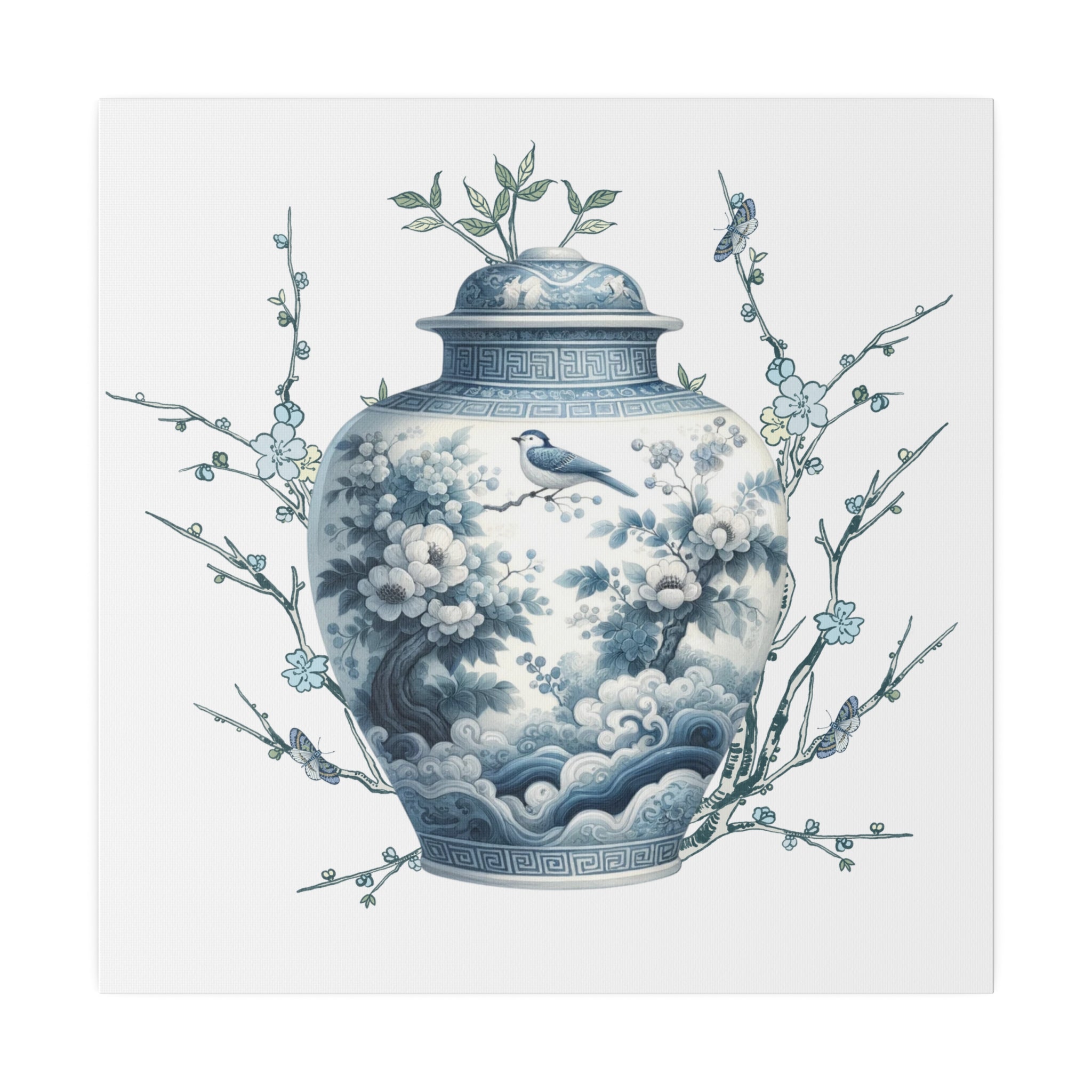 Chinoisiere Wall Art, Ginger Jar, Florals, Birds, Southern Elegance, Matte Canvas - Mid Century Modern Gal