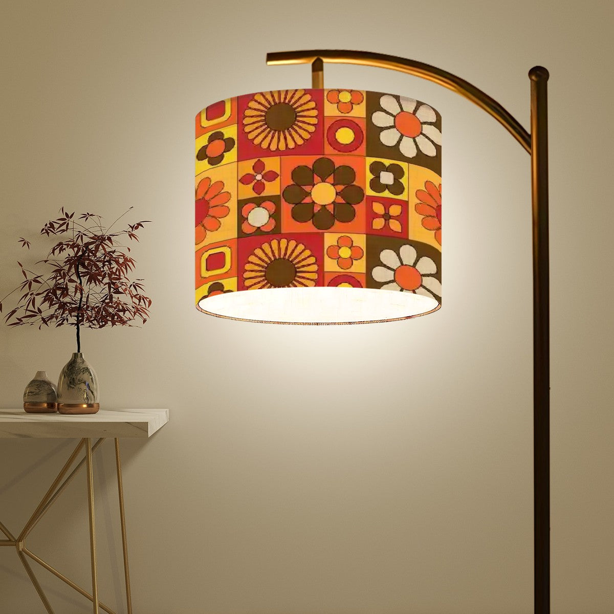 Retro Mid Mod Brown Orange Yellow Groovy 70s Arc Floor Lamp Shade with Ring - Mid Century Modern Gal