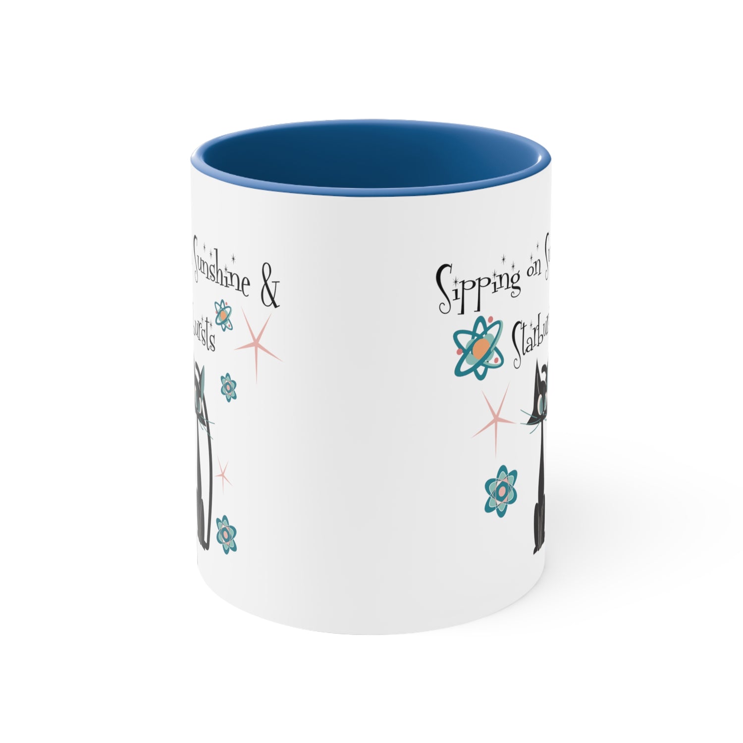 Atomic Cat Coffee Mug, Sipping On Sunshine, Mid Century Modern Style, Atoms, Starbursts Gifts For Couples, Mom, Mid Mod Friend - Mid Century Modern Gal