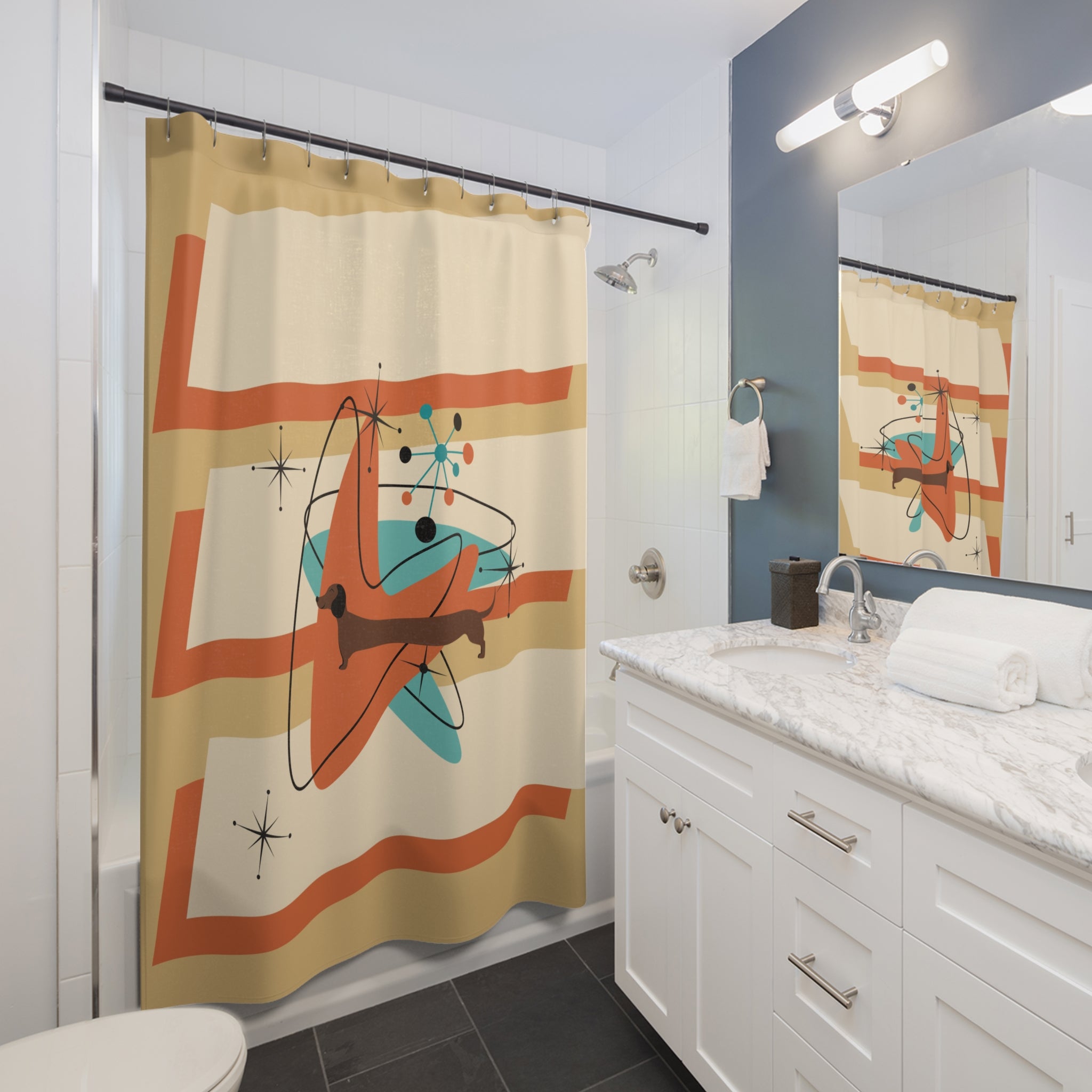 Doxie Dog Shower Curtain, Kitschy Mid Mod Retro Shower Curtain - Mid Century Modern Gal