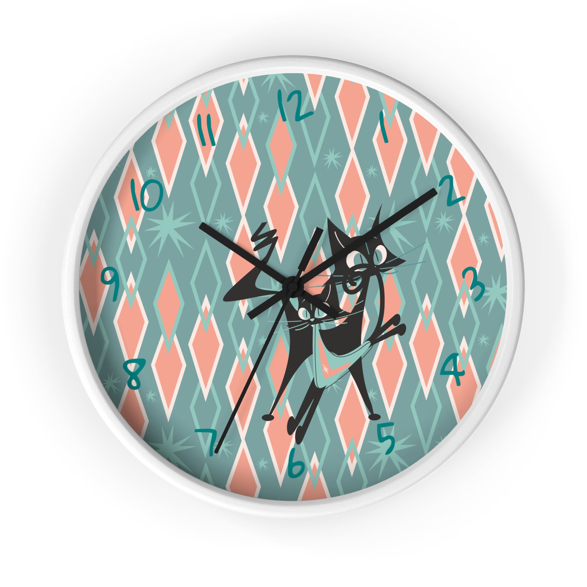 Retro Kitchen Wall Clock For Atomic Cat Black Cat Lovers, Mid Century Modern Designed, Teal, Pink Harlequin Diamond Designed MCM Clock - Mid Century Modern Gal