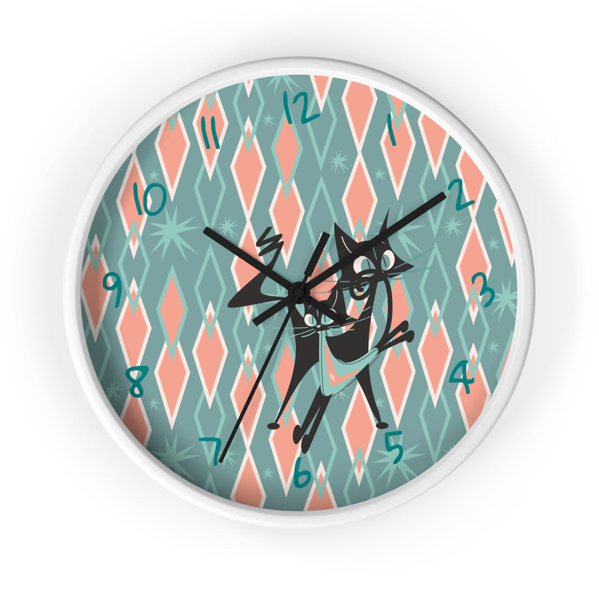 Retro Kitchen Wall Clock For Atomic Cat Black Cat Lovers, Mid Century Modern Designed, Teal, Pink Harlequin Diamond Designed MCM Clock - Mid Century Modern Gal