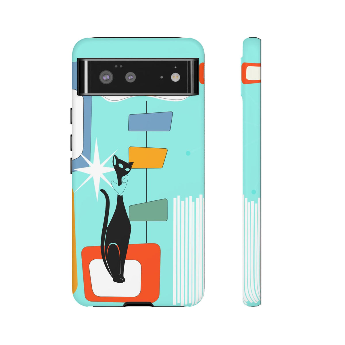 Atomic Cat, Mid Mod Aqua Blue, Geometric, Samsung, Google Pixel, Apple iPhone Tough Cases - Mid Century Modern Gal