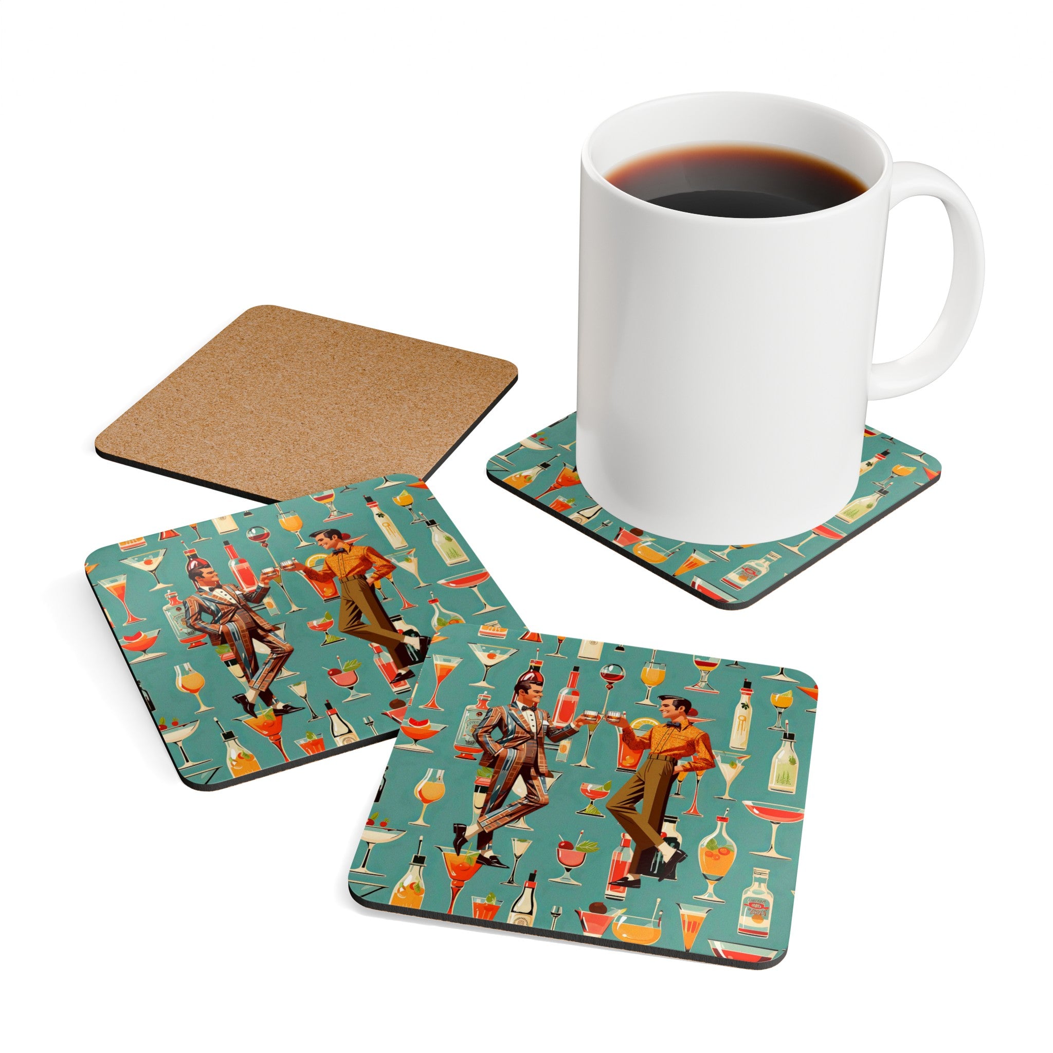 Atomic 50s Cocktail Coasters, Featuring Bourbon Drinking Dapper Males, MCM Style Corkwood Coaster Set - Mid Century Modern Gal