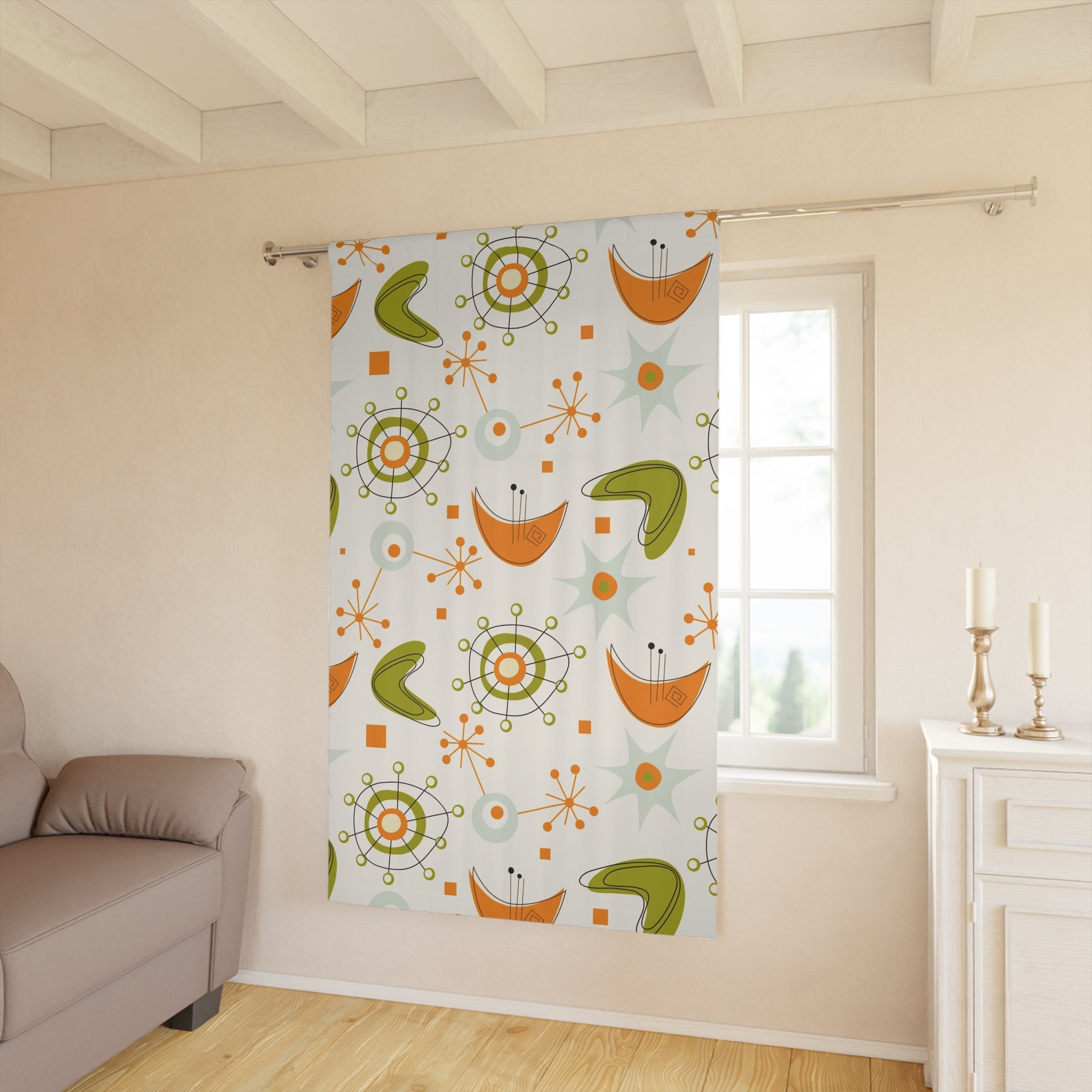 Mid Century Modern Atomic Boomerang Starbursts, Orange Green Retro Modern Window Curtain - Mid Century Modern Gal