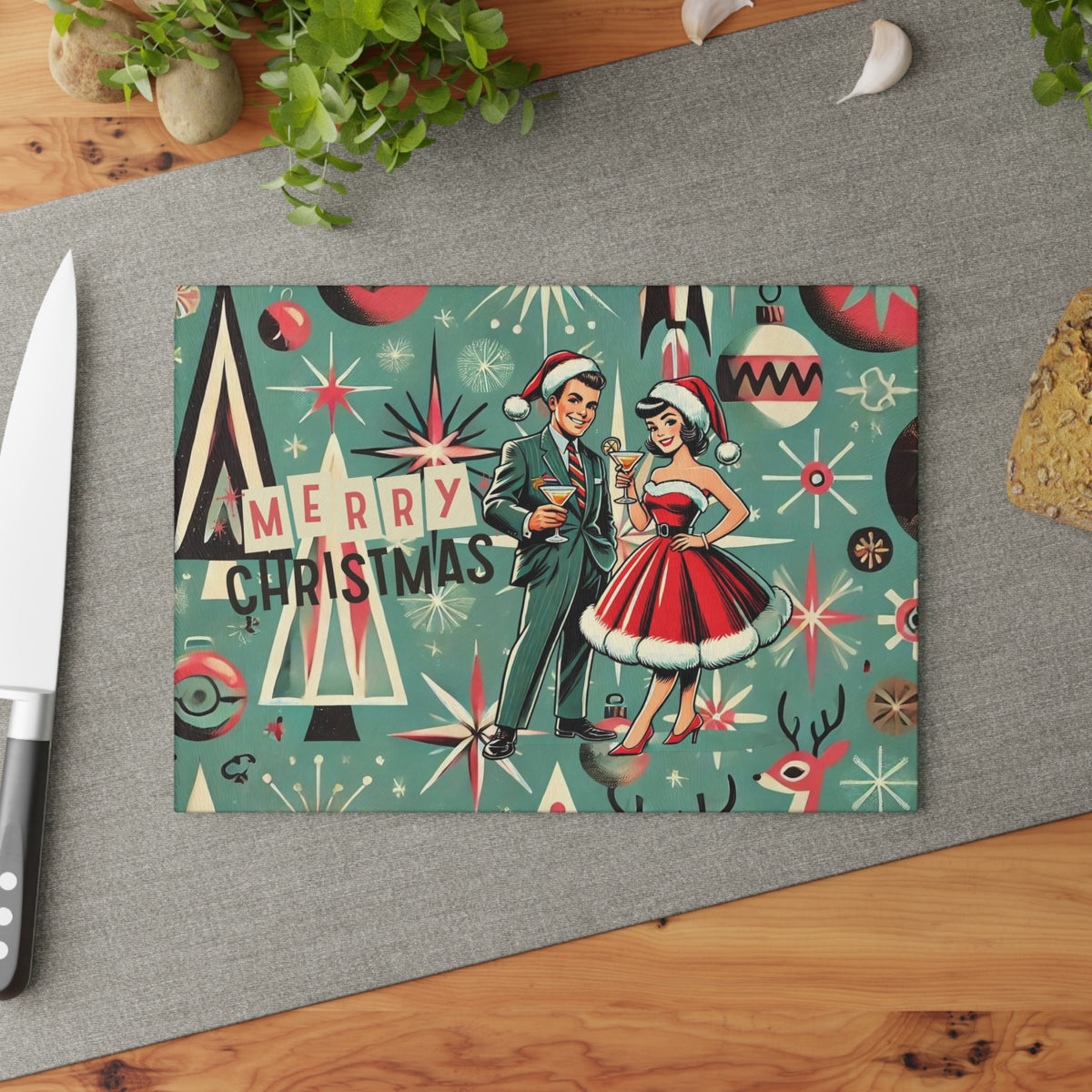 Mid Century Modern Kitschy 50s Holiday Cheese Board, Glass Cutting Board - Mid Century Modern Gal