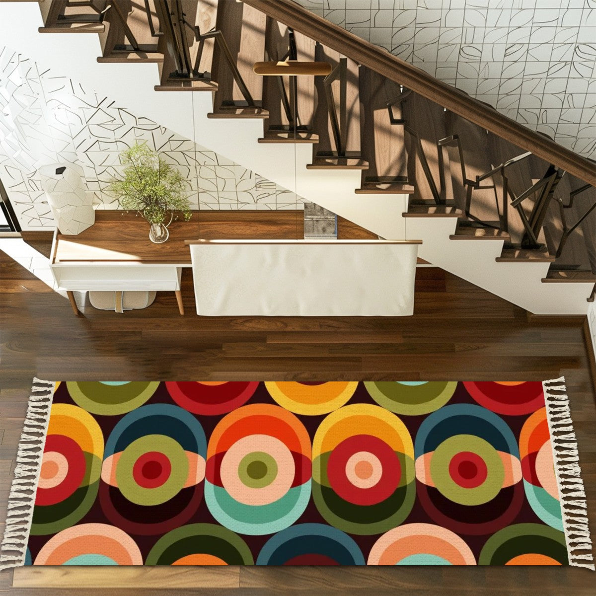 Mid Century Modern Boho Retro Orb Colorful Funky Tassel Rug - Mid Century Modern Gal
