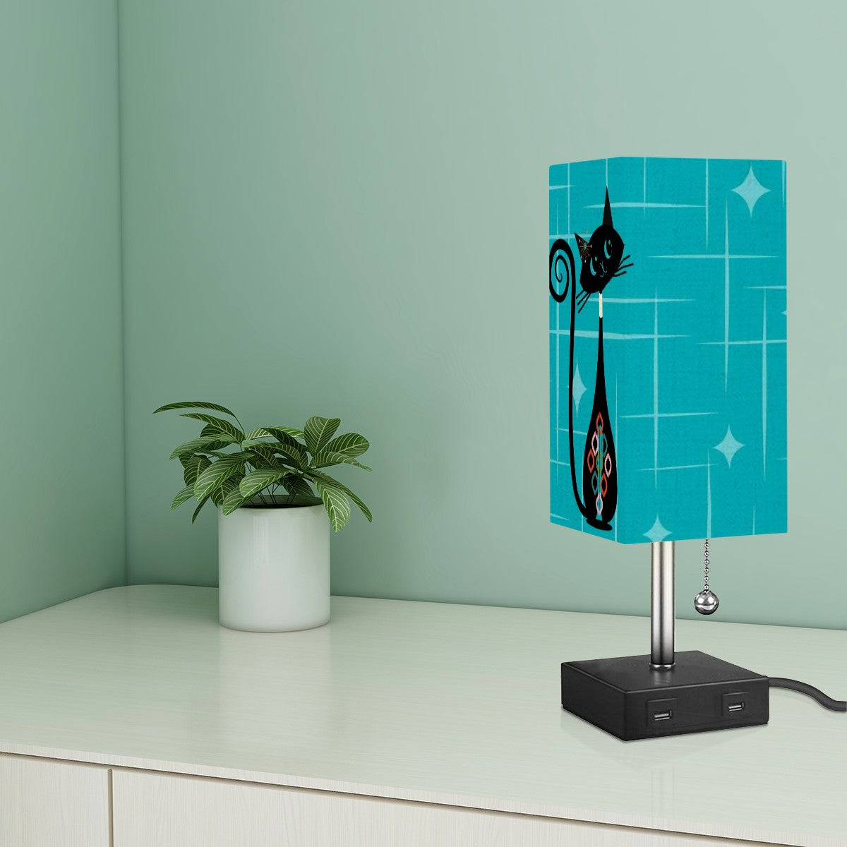 Atomic Space Cat, Mid Century Modern Square Table Lamp - Mid Century Modern Gal