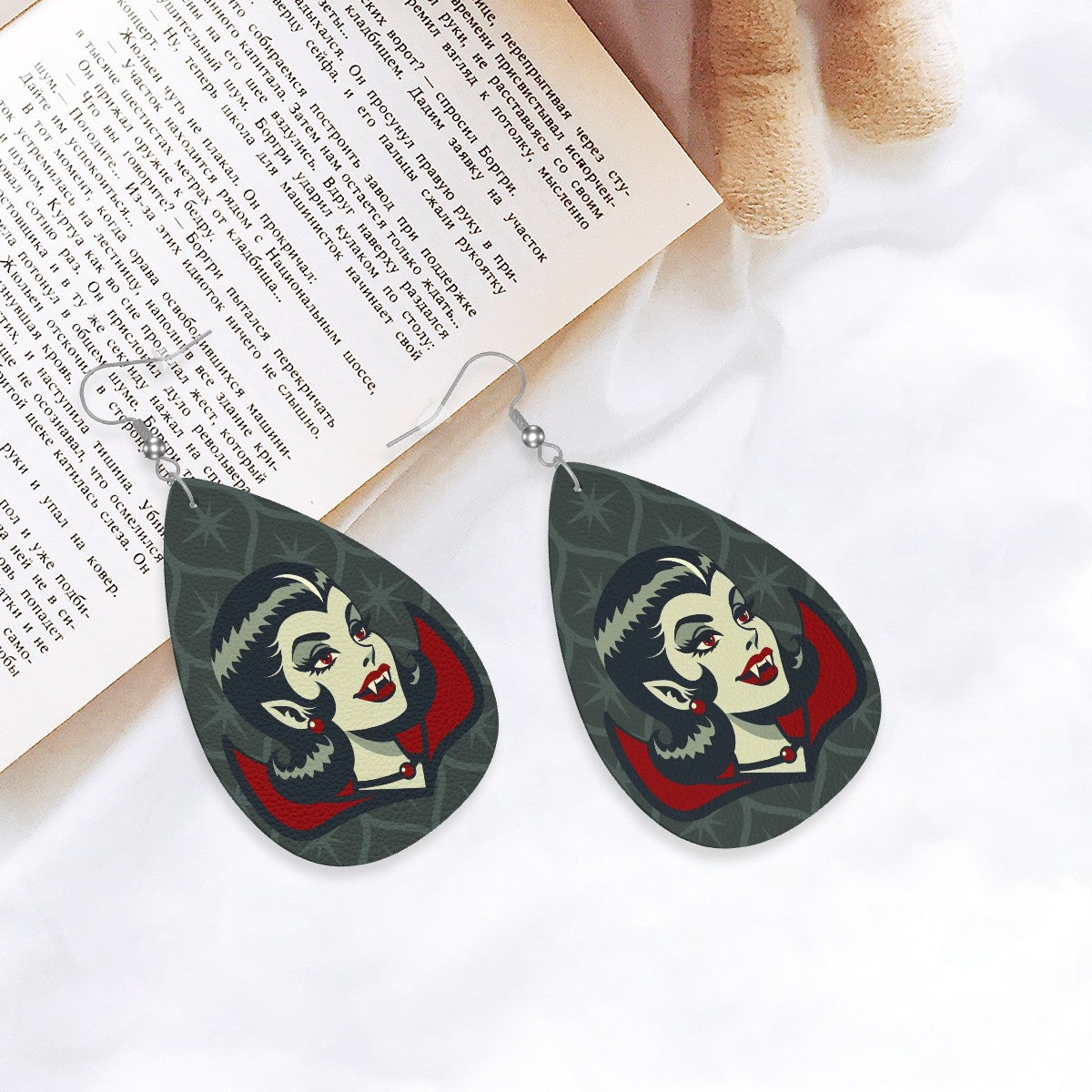 Vampire Dracula Girl Halloween Goth Horror Buff MCM Green Vegan Leather Teardrop Earrings - Mid Century Modern Gal