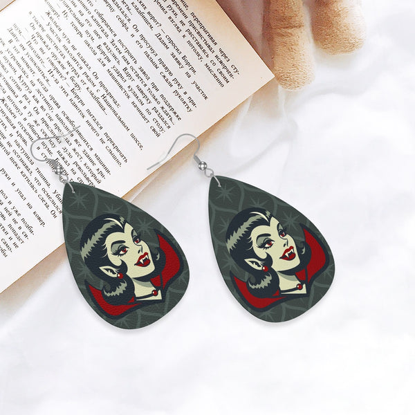 Vampire Dracula Girl Halloween Goth Horror Buff MCM Green Vegan Leather Teardrop Earrings