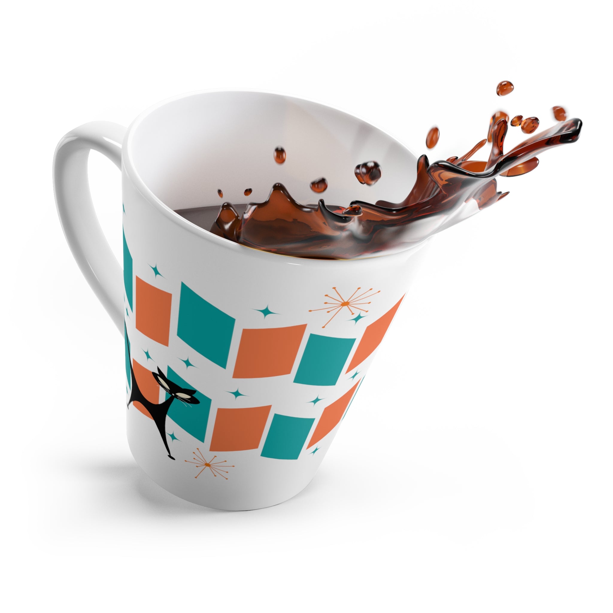 Atomic Cat Latte Mug, Mod Orange, Teal, Retro Kitchenware Mug - Mid Century Modern Gal