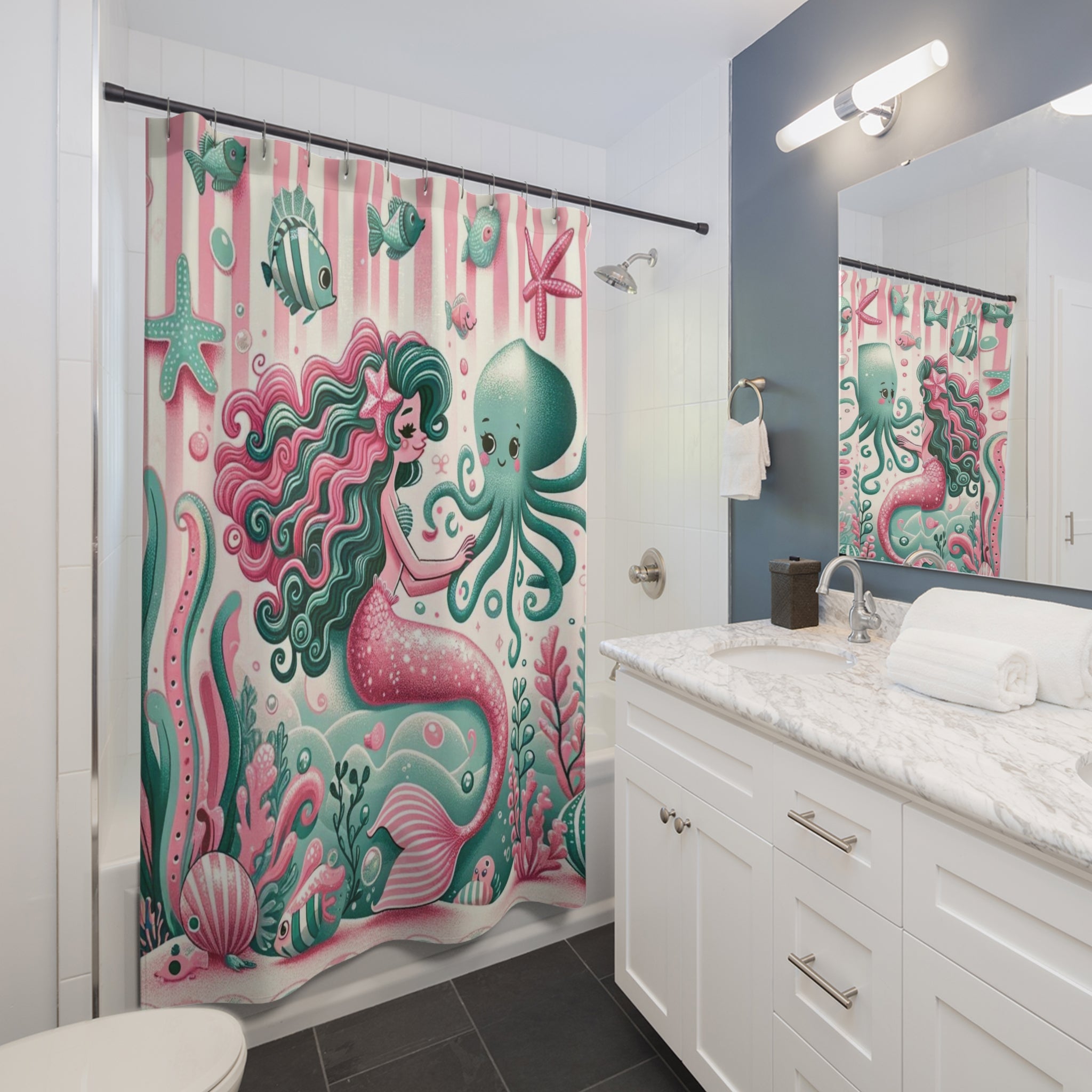 Vintage Mermaid Kitschy 50s Style, Pink, Mint Mid Century Modern Shower Curtains - Mid Century Modern Gal