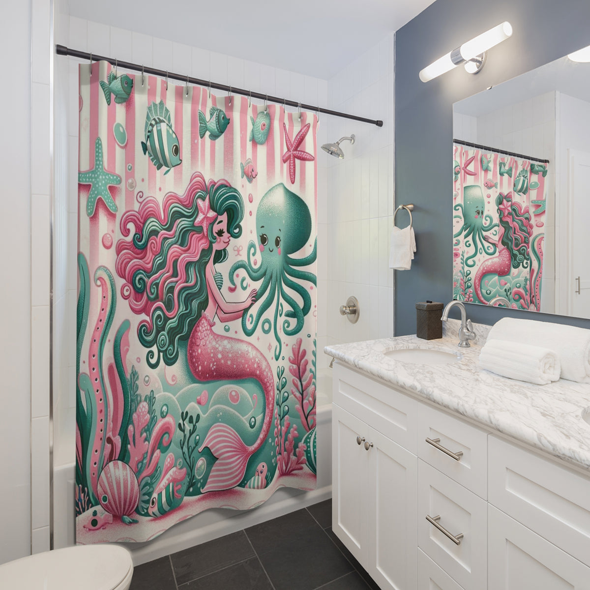 Vintage Mermaid Kitschy 50s Style, Pink, Mint Mid Century Modern Shower Curtains - Mid Century Modern Gal