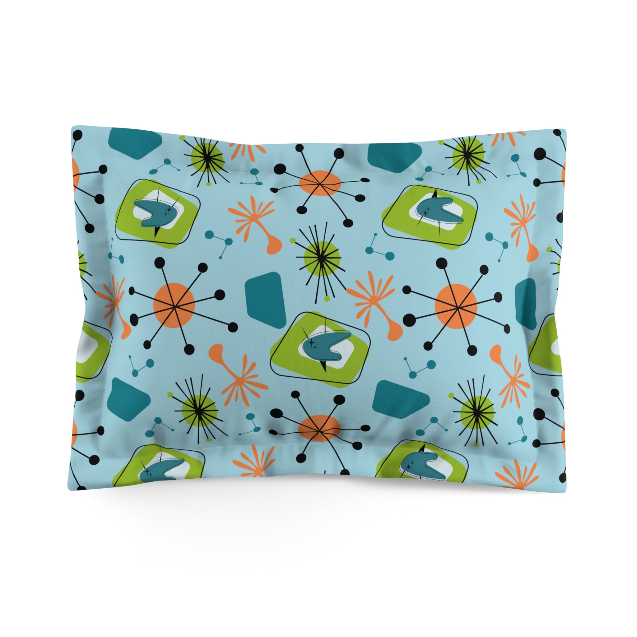 Mid Century Modern Atomic Blue, Orange, Boomerang Starburst Pillow Sham - Mid Century Modern Gal