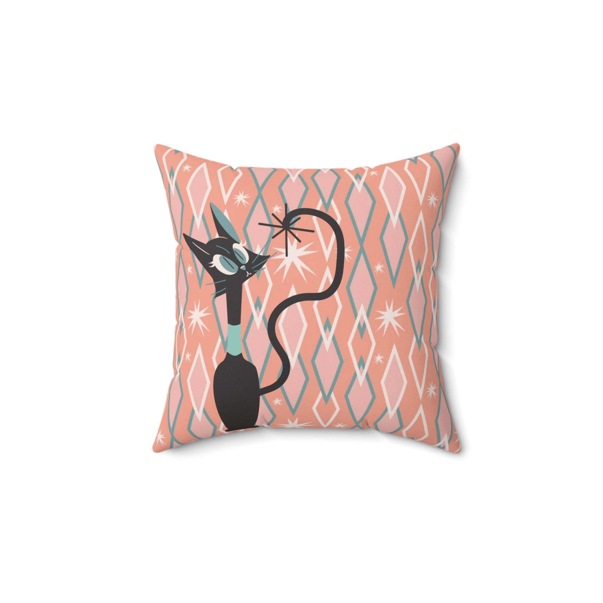 Atomic Cat, Quirky Kitsch Mid Century Modern Diamond Pattern Pillow And Insert - Mid Century Modern Gal
