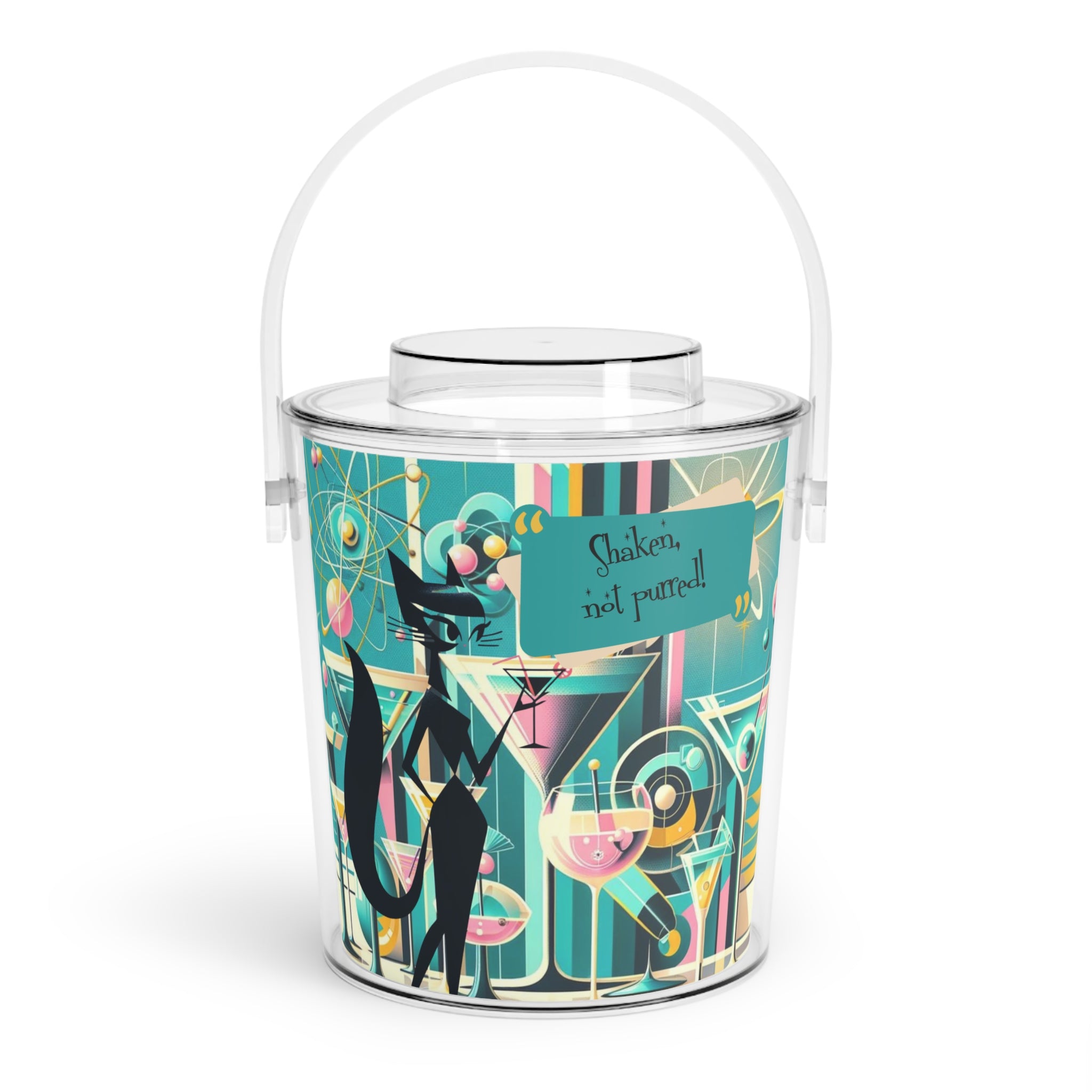 Atomic Sexy Black Cat, Shaken Not Purred, Mid Century Modern Atomic 50s Cocktail Barware MCM Ice Bucket with Tongs - Mid Century Modern Gal