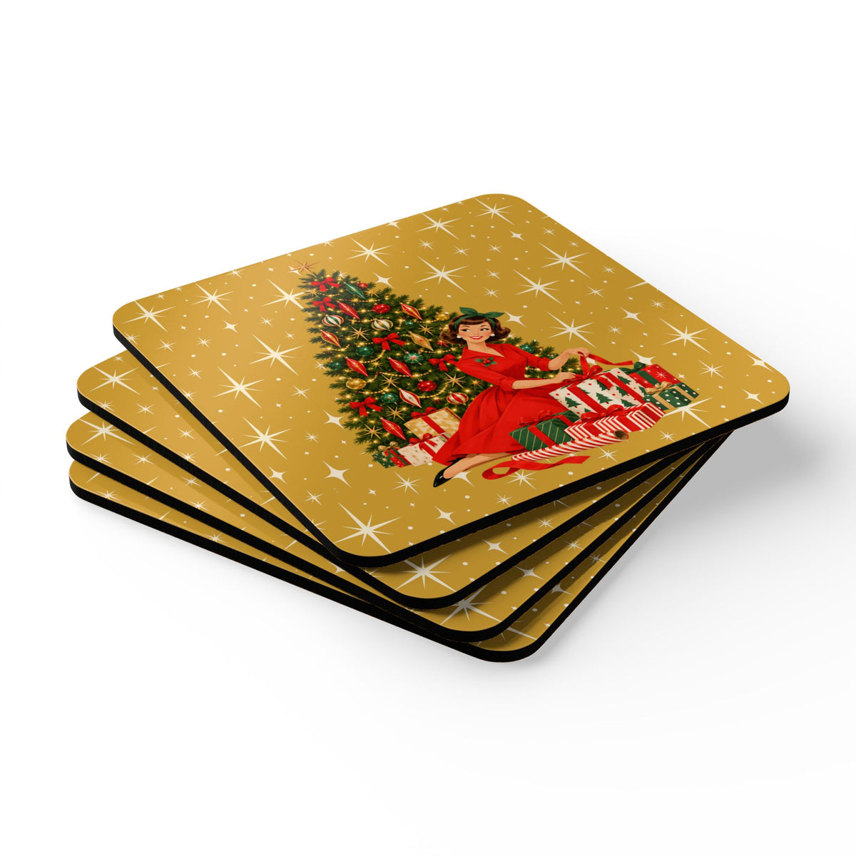Mid Century Modern Christmas Glamour Gal Wrapping Presents by Tree, Gold Atomic Starbursts Corkwood Coaster Set