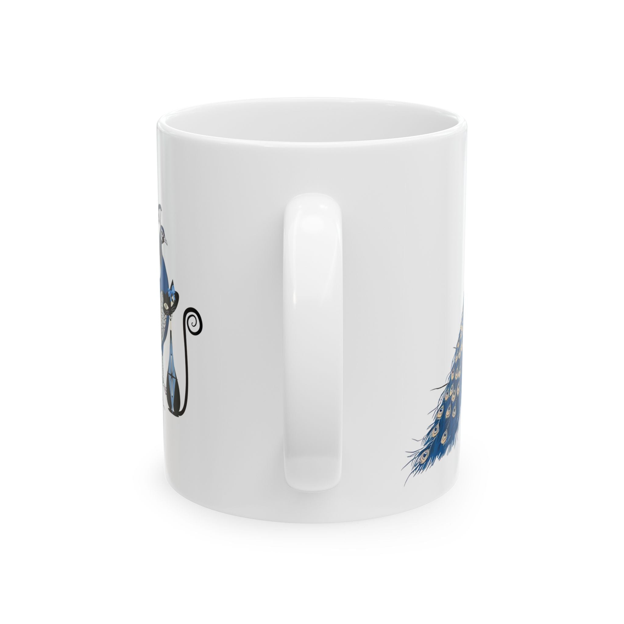 Atomic Cat Mug Blue Chinoiserie Peacock MCM Black Cat Mug Vintage Inspired Gift Elegant Peacock Ceramic Mug - Mid Century Modern Gal