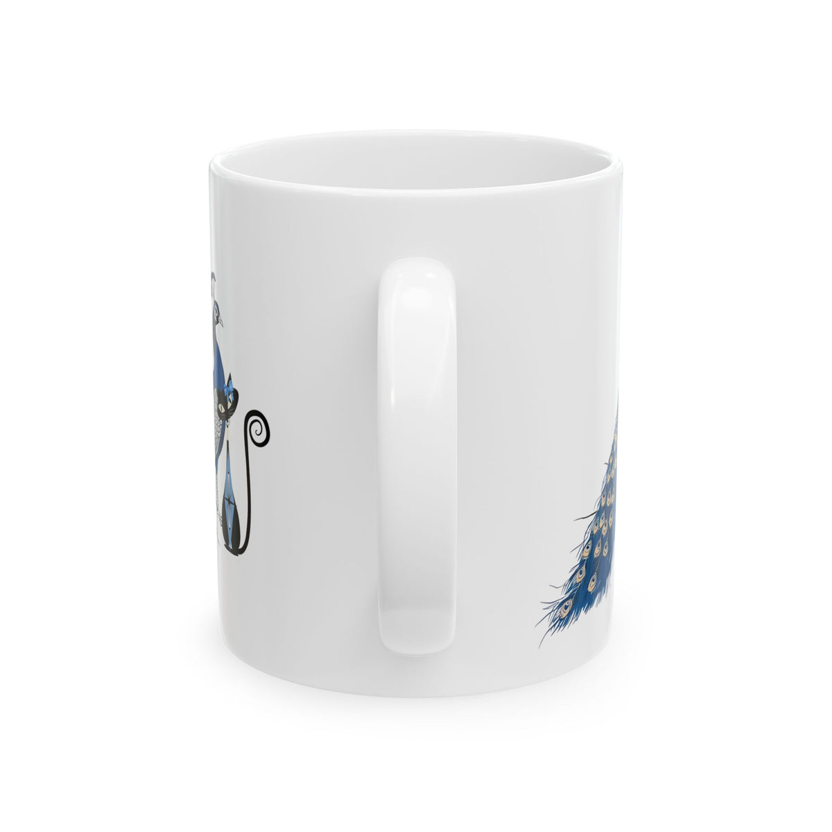 Atomic Cat Mug Blue Chinoiserie Peacock MCM Black Cat Mug Vintage Inspired Gift Elegant Peacock Ceramic Mug - Mid Century Modern Gal