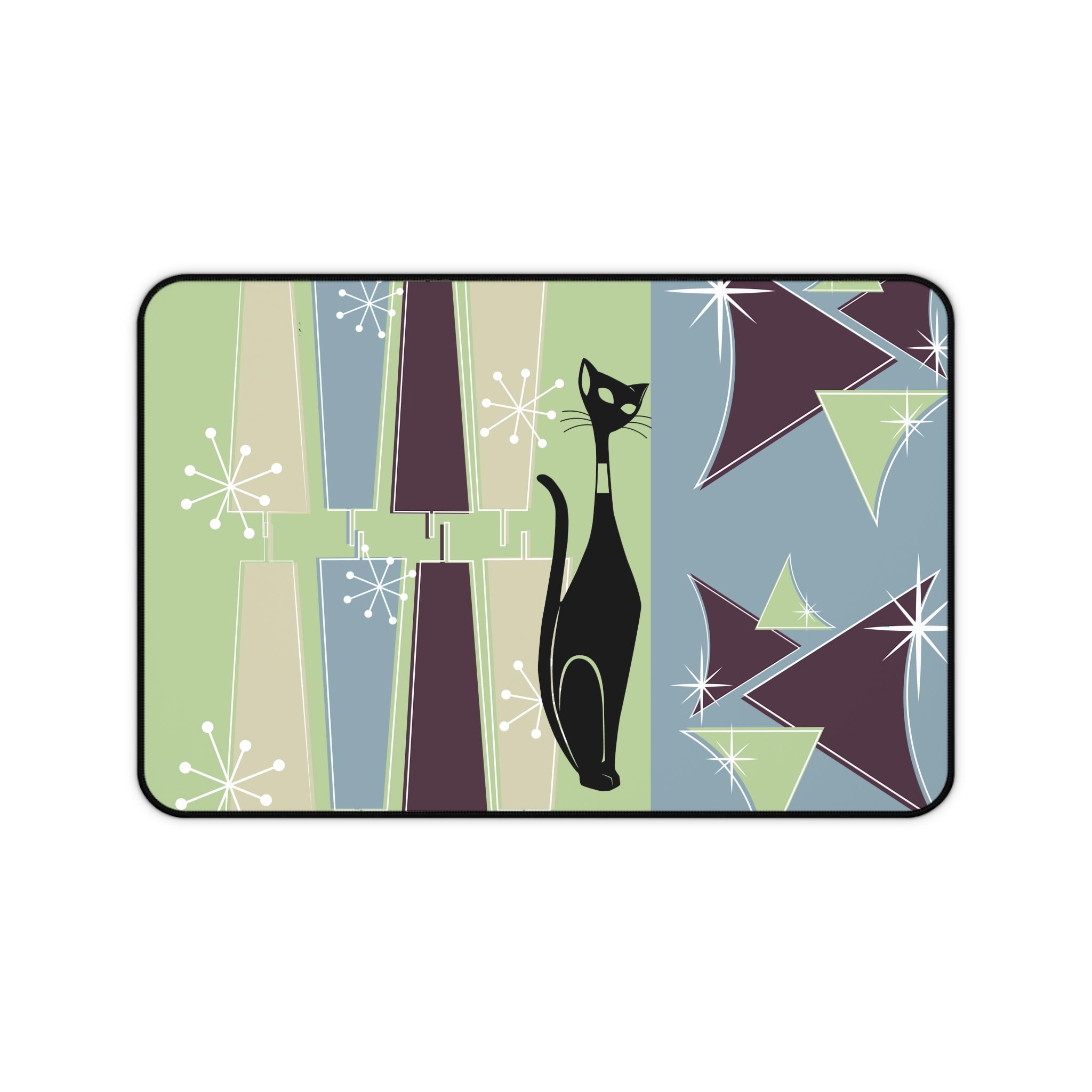 Mid Century Modern, Atomic Cat, Green, Blue, Purple, Starburst Retro MCM Desk Mat - Mid Century Modern Gal