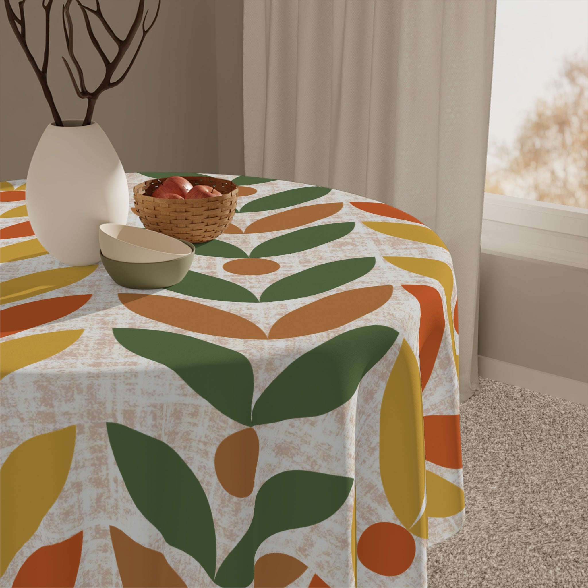 Retro Modern Danish Scandinavian Floral Orange, Yellow, Camel Brown And Floral Design for Dining Room Decor - Mid Century Modern Gal