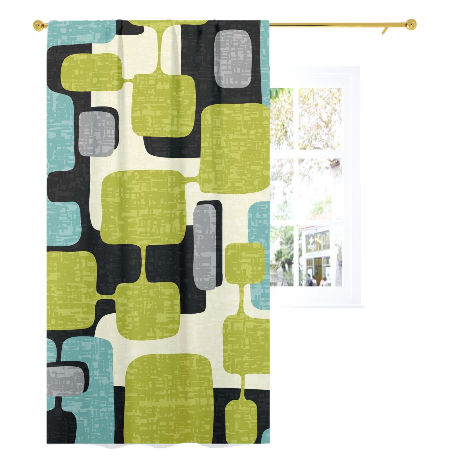 Mid Century Modern Geometric Mod Green, Aqua MCM Curtain, Single Panel - Mid Century Modern Gal