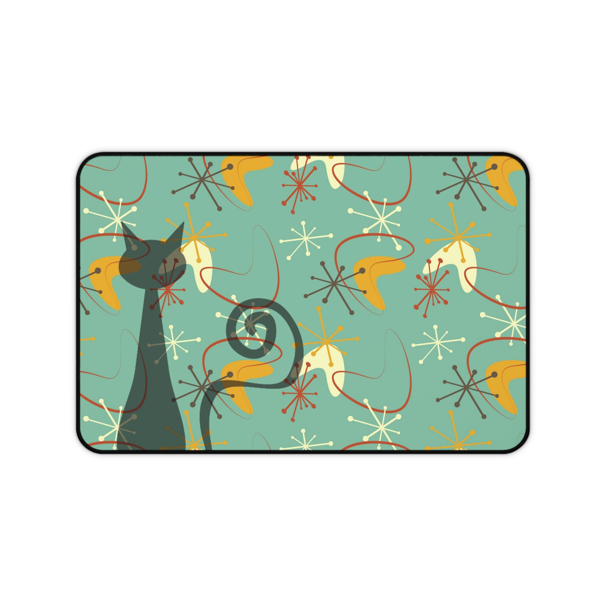 Atomic Cat Boomerang Retro Mid Century Modern Green, Brown, Yellow, Beige MCM Home Decor Desk Mat - Mid Century Modern Gal