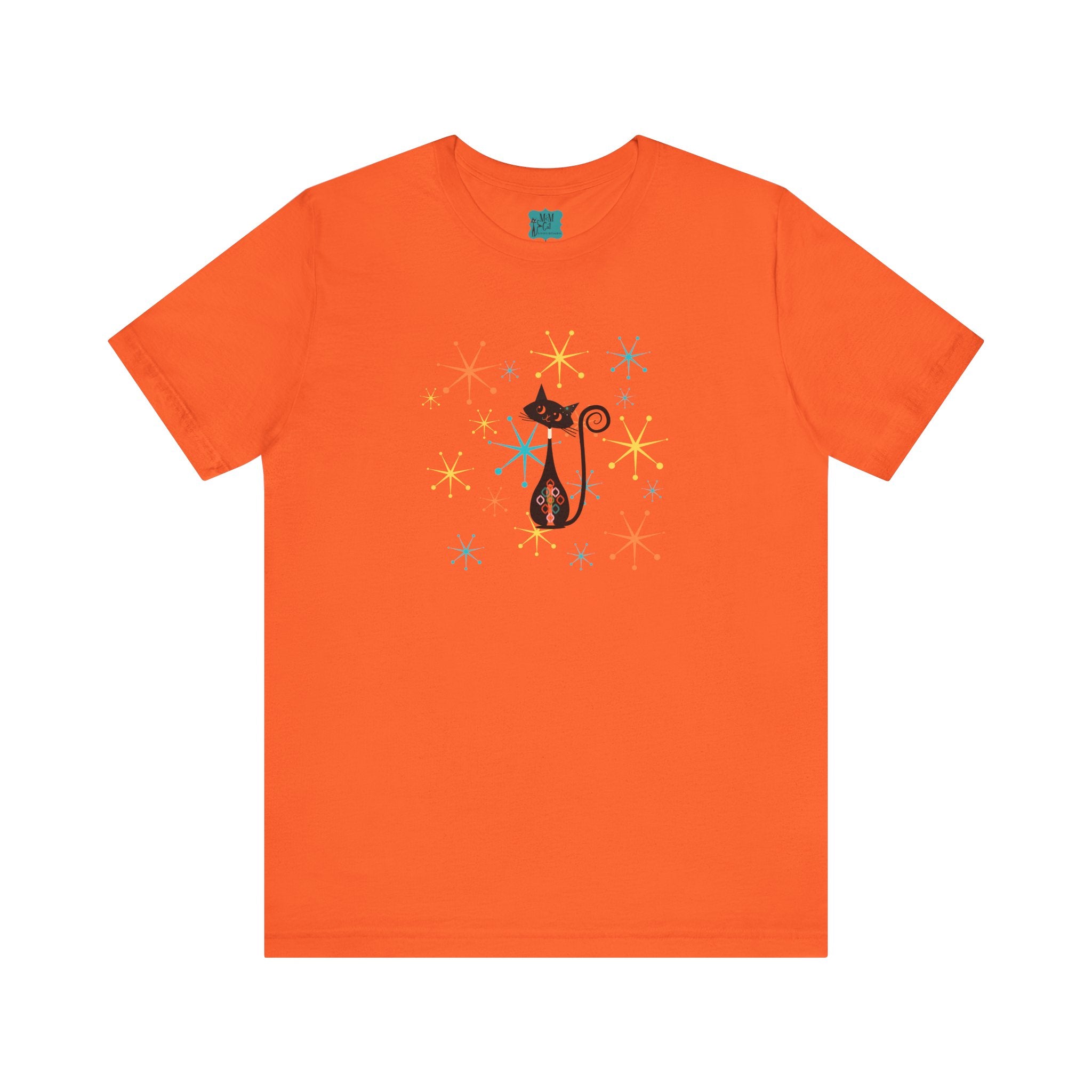 Atomic Cat Mid Century Modern Starburst Whimsical Cat Short Sleeve Tee - Colorful Star Design - Mid Century Modern Gal