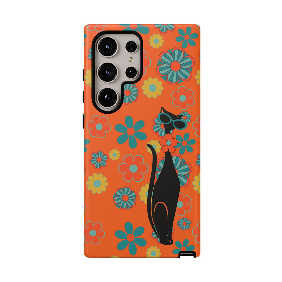Flower Power, Retro Groovy Atomic Cat, Hipster Style Orange Samsung Galaxy and Google Pixel Tough Cases