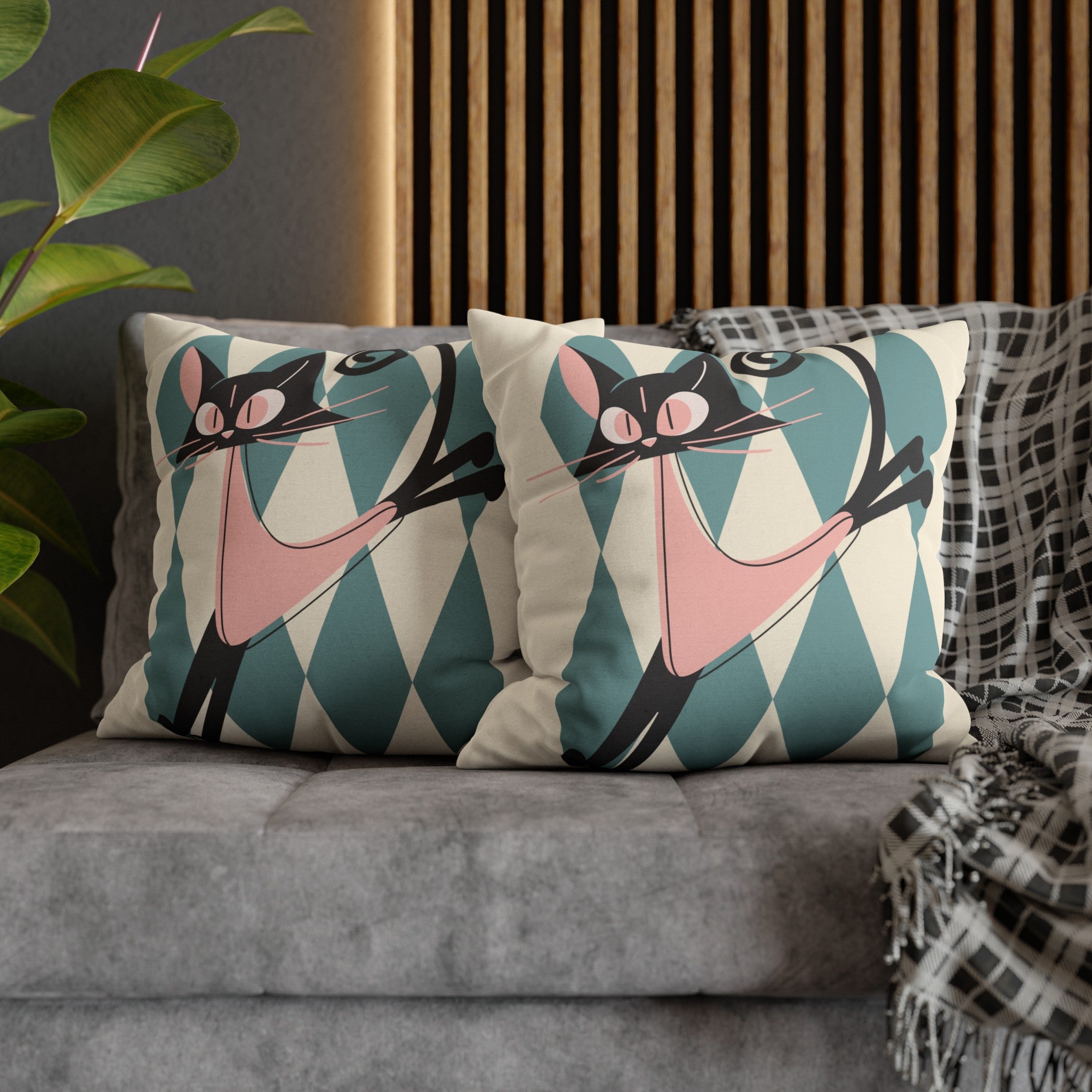 Atomic Kittie, Boomerang Mid Mod Atomic Cat, Harlequin Diamond Kitschy Pillow Cover - Mid Century Modern Gal
