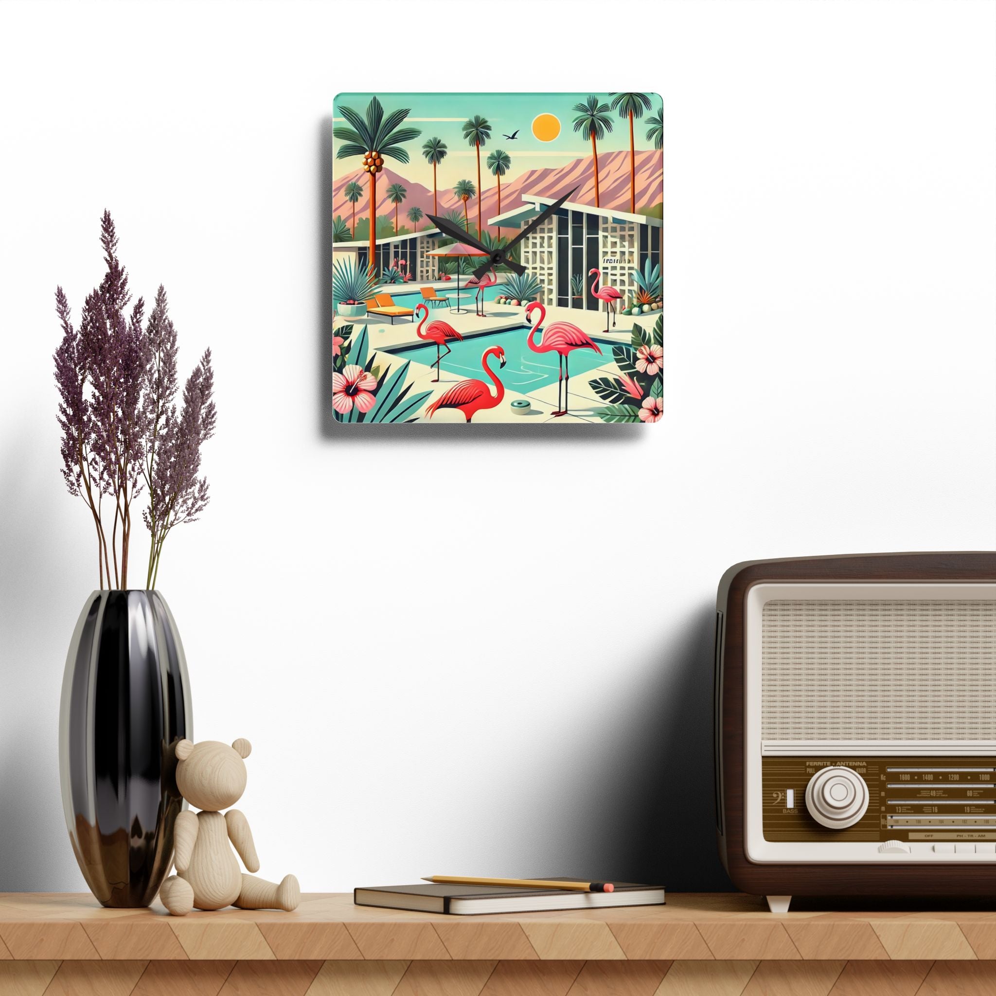 Palm Beach California Flamingo Clock, Kitsch Mod Acrylic Wall Clock - Mid Century Modern Gal