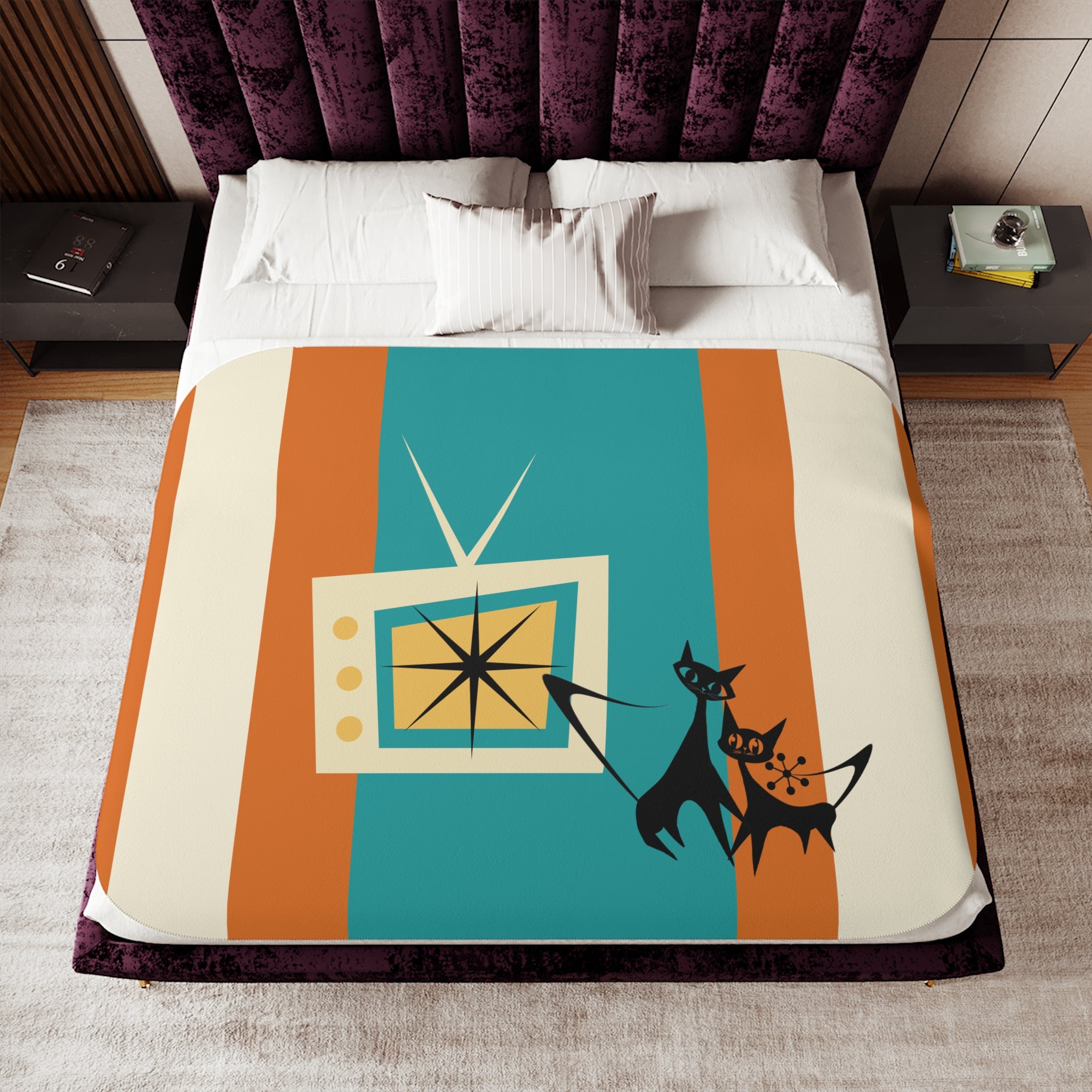 Atomic Kittie Cats, Mid Century Modern Teal, Orange Retro Cozy Cat-Themed Sherpa Blanket - Mid Century Modern Gal