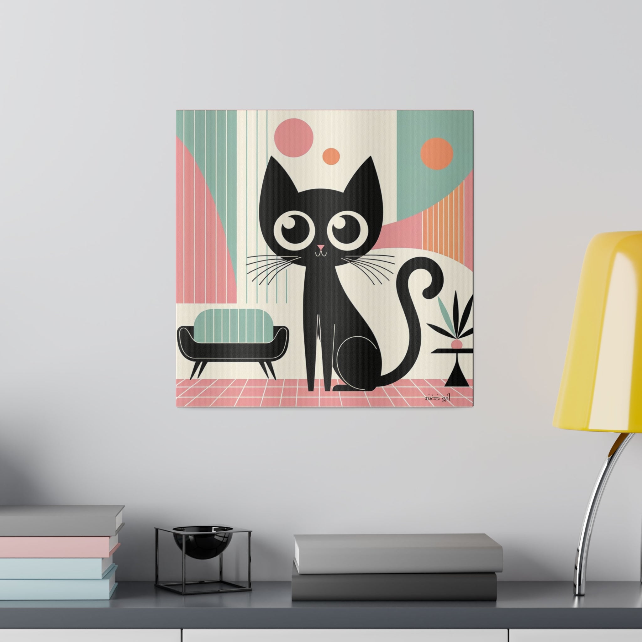 Mid Century Modern Atomic Kitty Cat, Pink, Kitschy Mod Matte Canvas - Mid Century Modern Gal