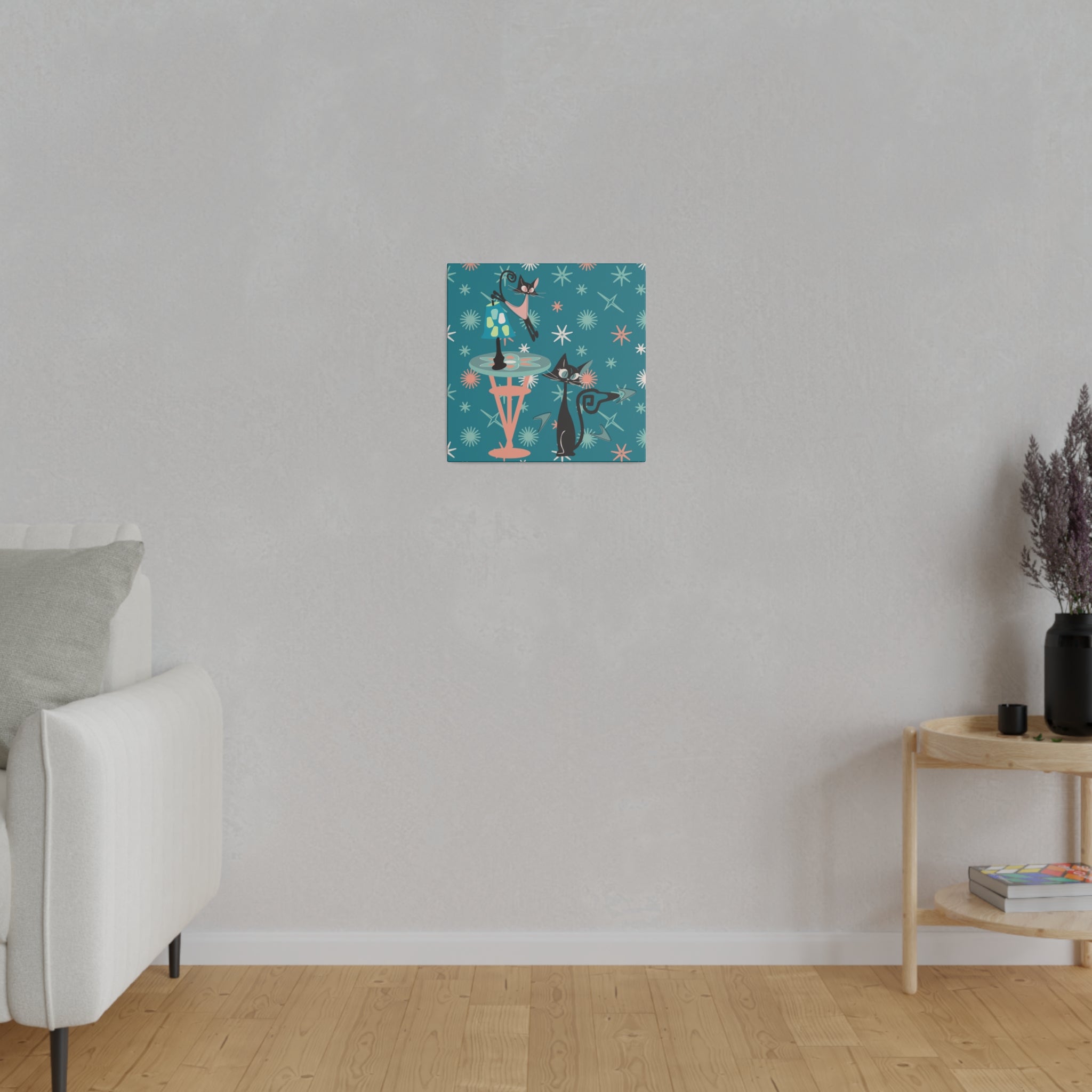 Crazy Atomic Cats, Cat Mom, Kitschy Mid Century Modern Teal Blue, Coral Pink, Mid Century Modern Wall Art - Mid Century Modern Gal
