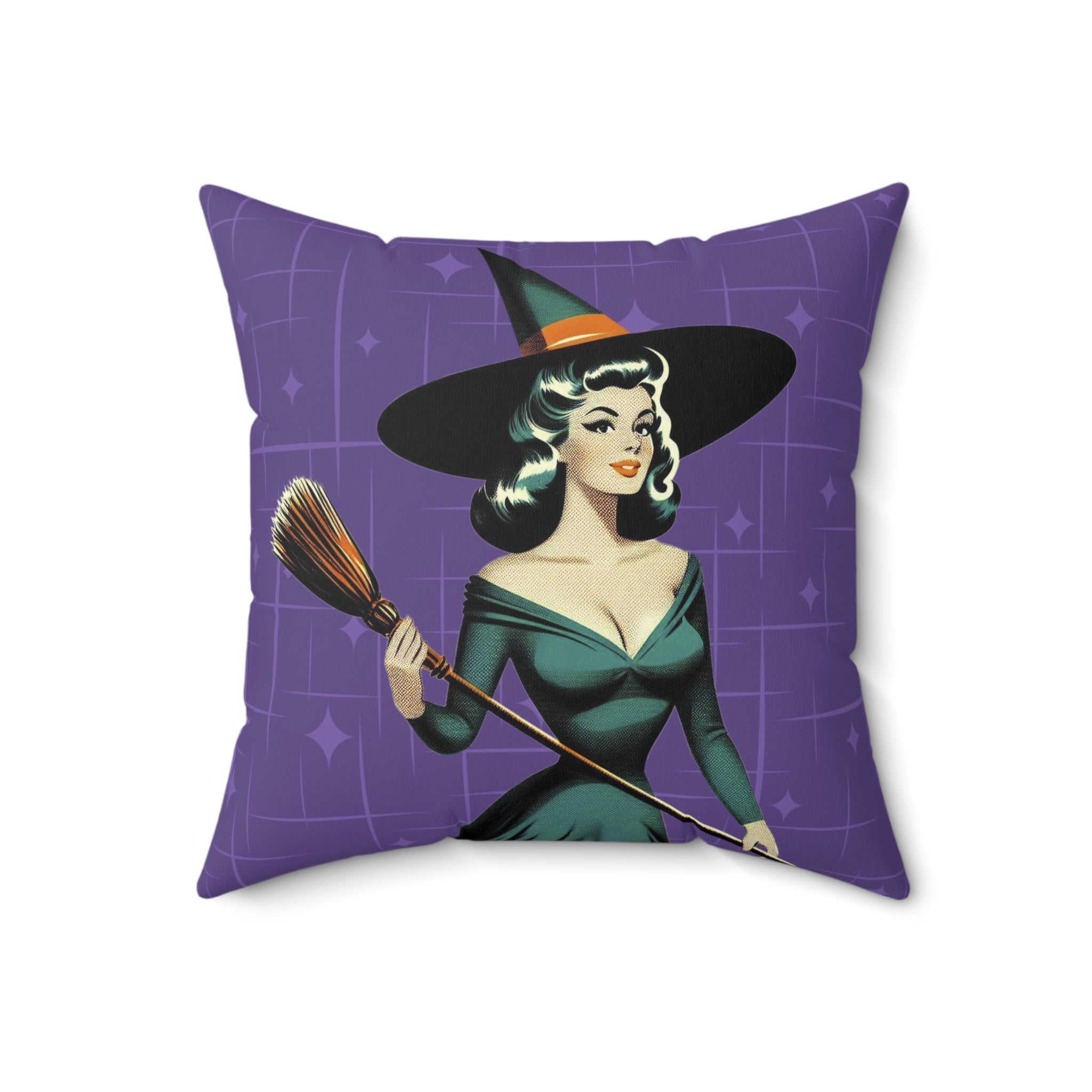 Mid Century Modern Vintage Pin Up Witch Halloween Purple Teal Halloween Pillow Cover and Insert - Mid Century Modern Gal