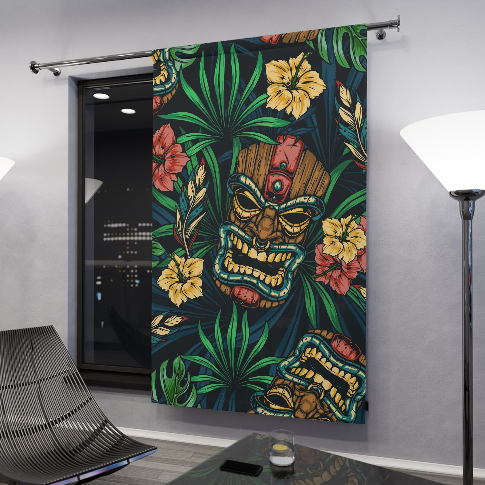 Tiki Idol Man Blackout Tropical Tiki Window Curtain - Vibrant Home Decor, Boho Style, Gift for Plant Lovers, Hawaiian Theme, Summer Vibes - Mid Century Modern Gal