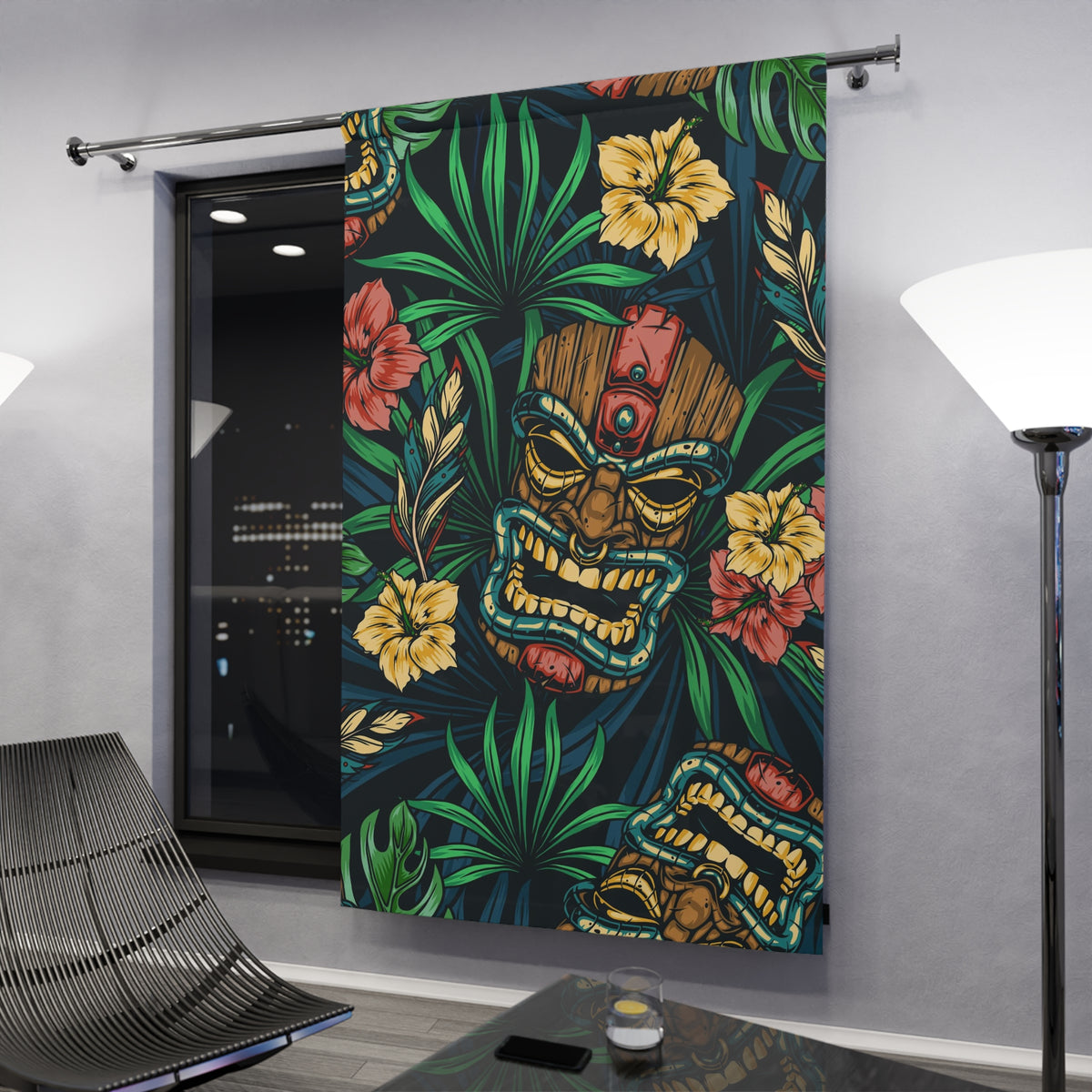 Tiki Idol Man Blackout Tropical Tiki Window Curtain - Vibrant Home Decor, Boho Style, Gift for Plant Lovers, Hawaiian Theme, Summer Vibes - Mid Century Modern Gal