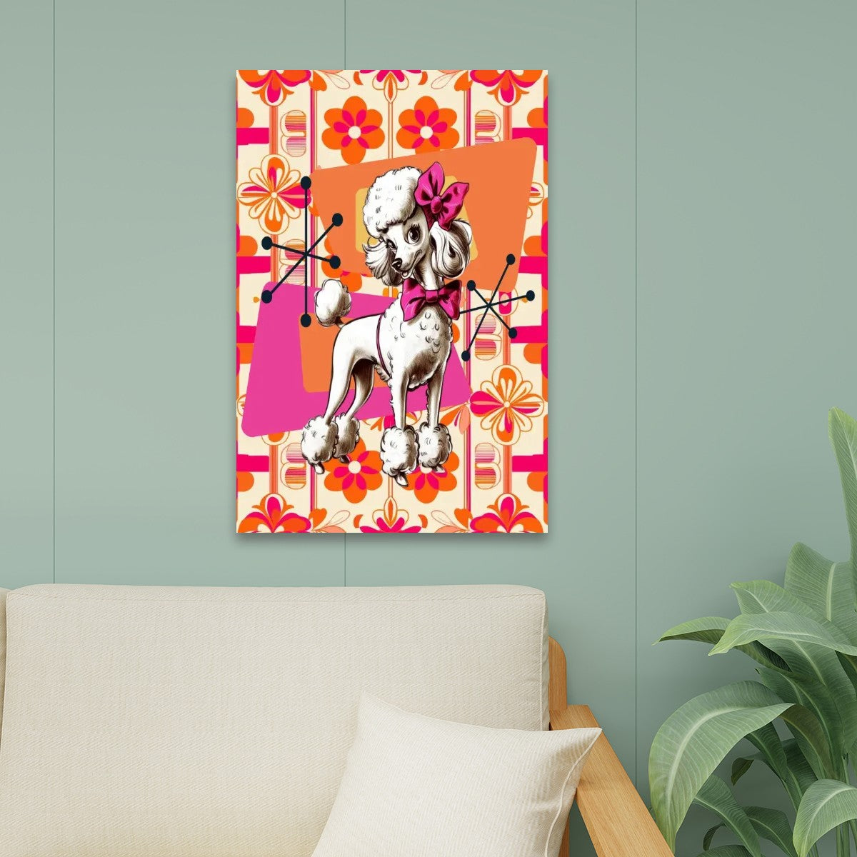 Atomic 50s Poodle Art, Hot Pink, Starburst Mid Century Modern Wall Art Canvas Print - Mid Century Modern Gal