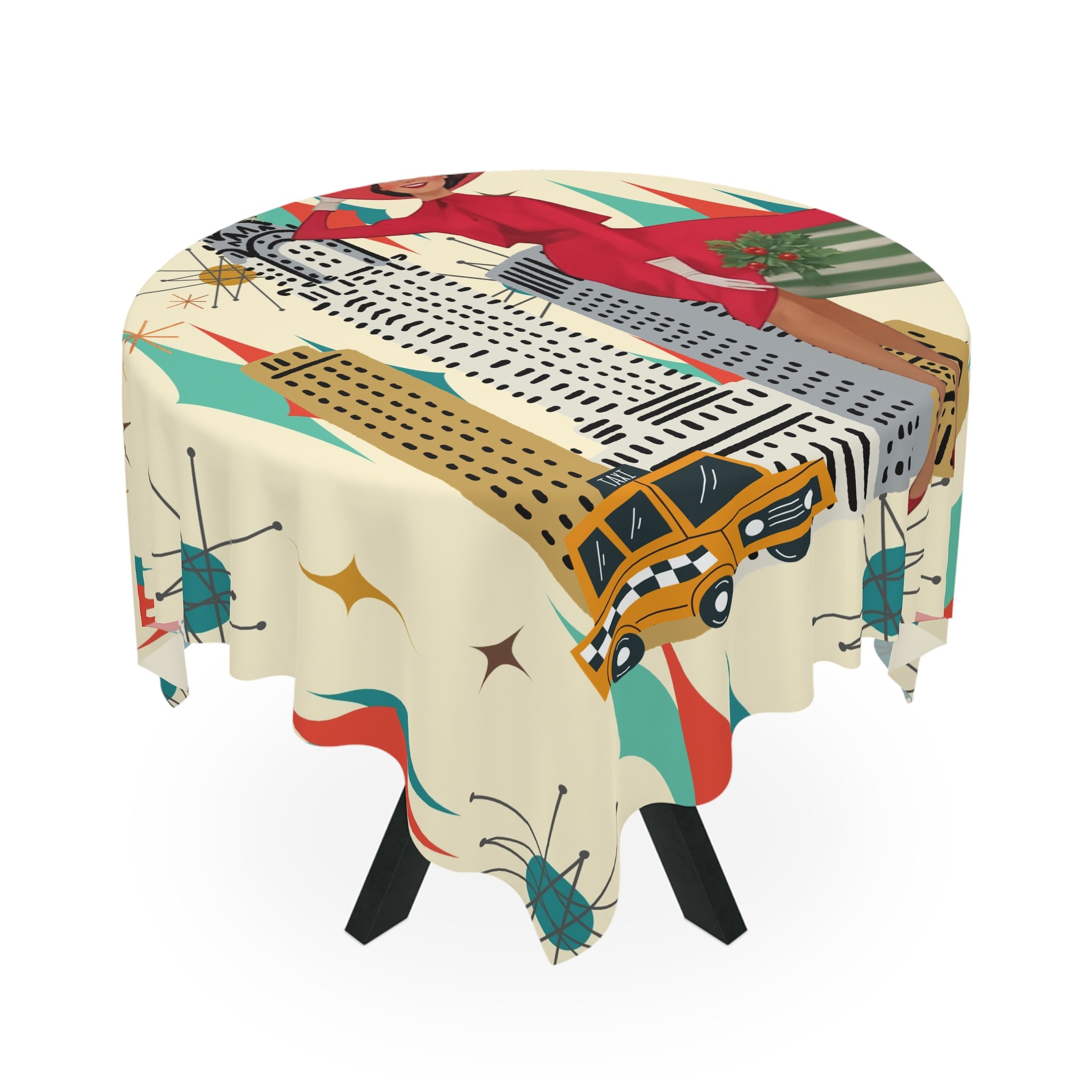 Mid Century Modern Christmas Retro Chic Tablecloth with Vintage New York Design - Mid Century Modern Gal